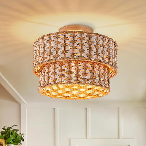 Miniatura 26 de Lámpara de ratán estilo bohemio, lámpara de techo de ratán empotrada, lámpara de techo tejida pequeña de madera, candelabro de ratán