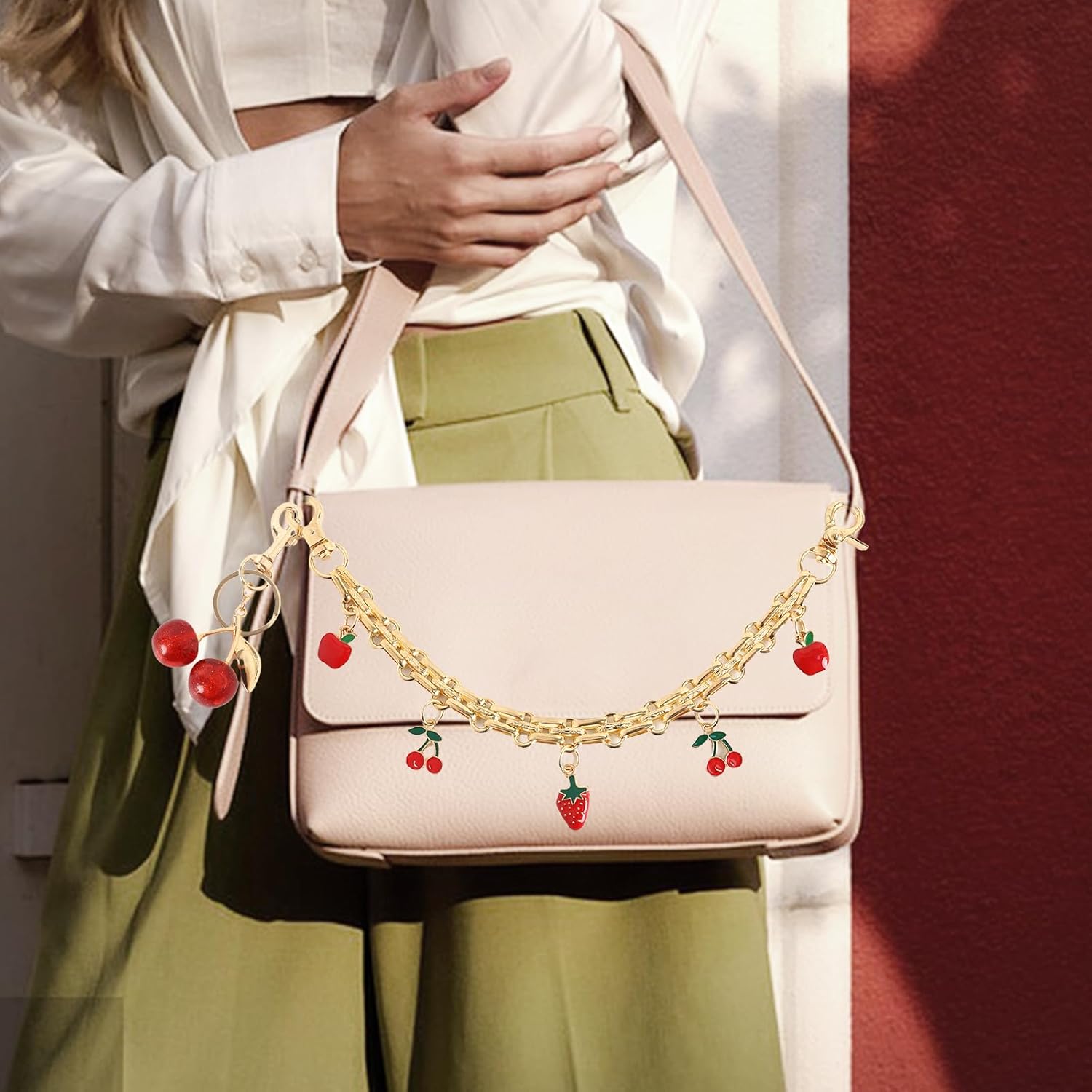 QXUJI Decorative Bag Chain, Strawberry Cherry Enamel Pendant Purse Strap Extender, Gold Replacement Extension Purse Chain with Cute Cherry Keychains, for Women Handbags Shoulder Crossbody Bags - Image 4