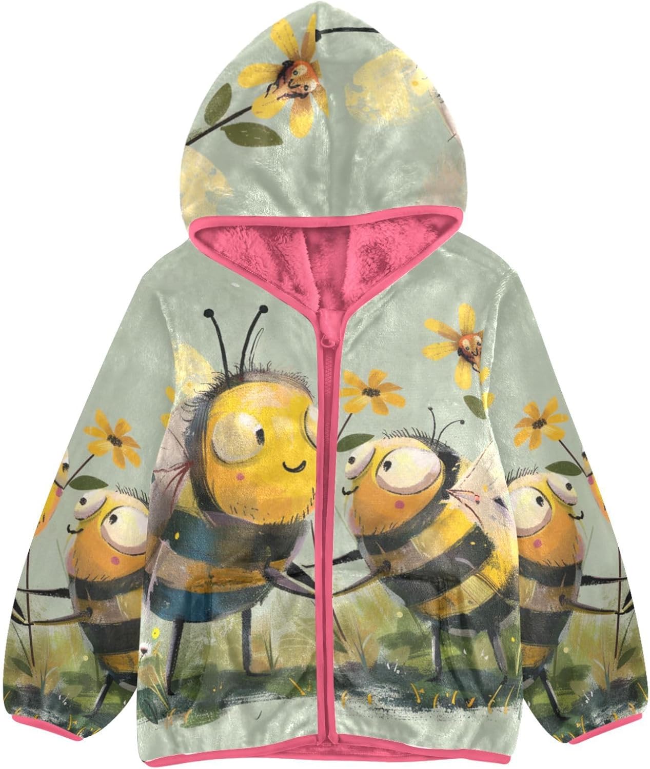 ALAZA Flowers and Bees Hoodie Jacket for Girls Toddler Fleece Zip Up Coat Plush Jacket Long Sleeve Outerwear for 3 Years