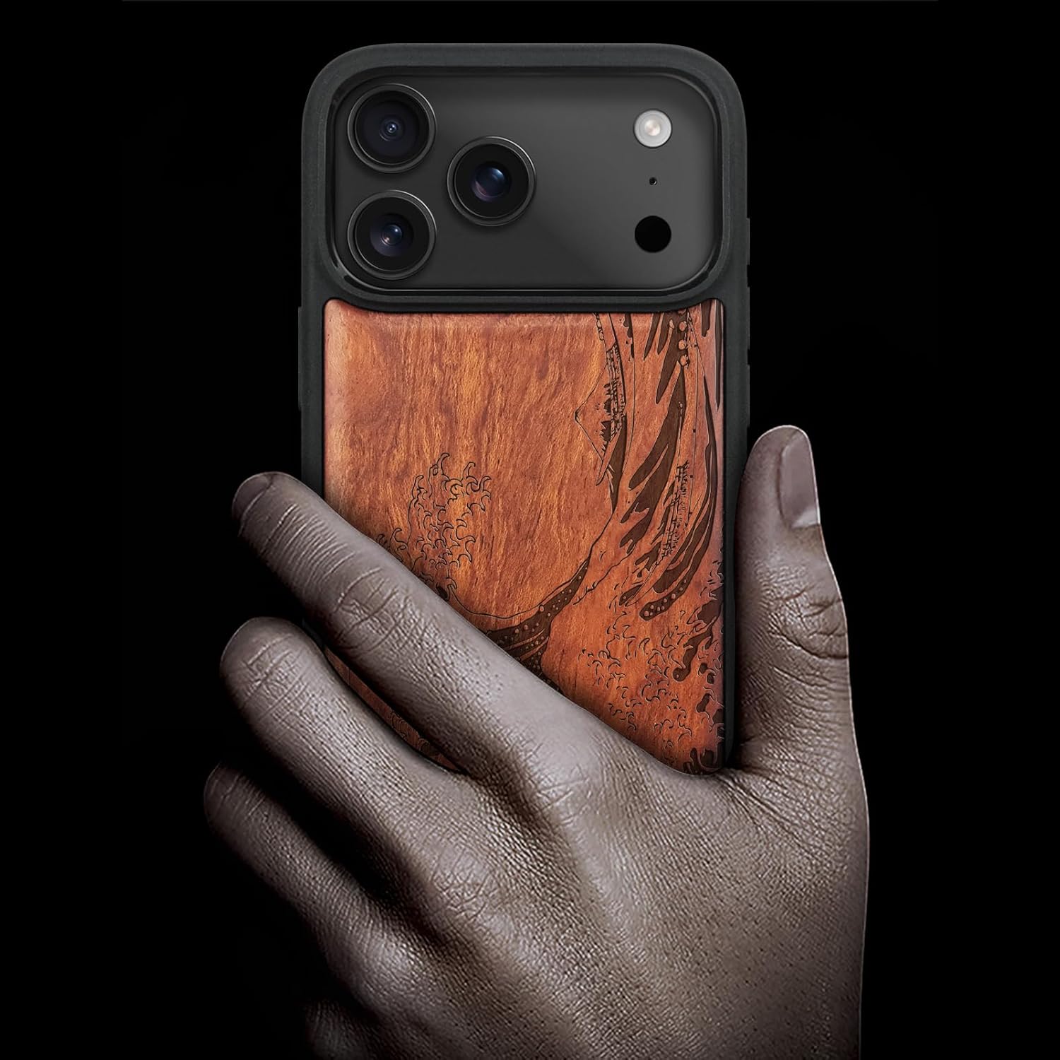 Carveit Magnetic Wooden Case for iPhone 17 Pro Case, Wood Artisan Engraved & Black Soft TPU Shockproof Cover, Compatible with MagSafe Wireless Chargers (Wave Reimagined) Rosy
