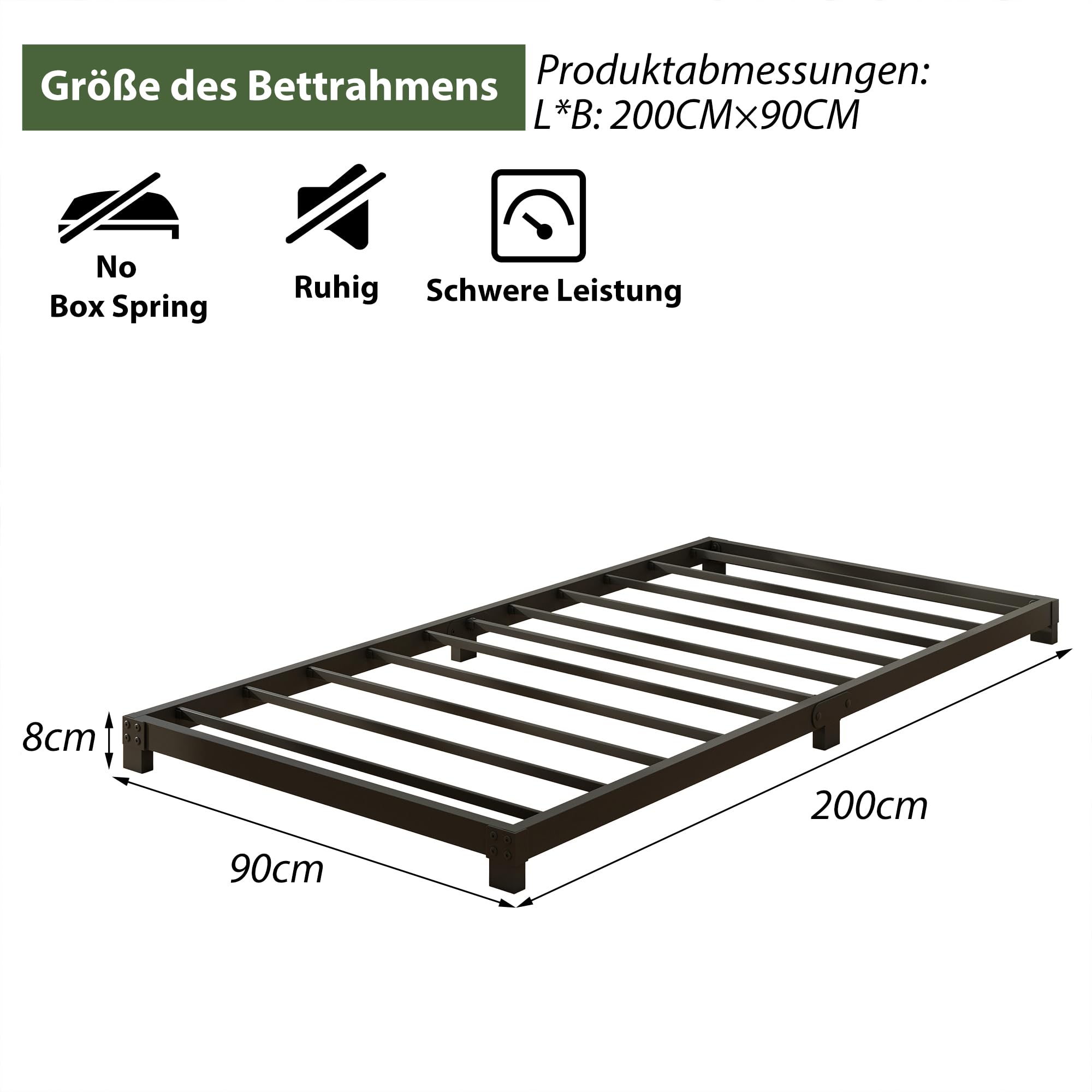 Metallbett 90x200 cm - 8 cm Hoch, Einzelbettgestell aus Metall mit Stahllattenstütze, Einfache Montage, Geräuschlos, Schwarz