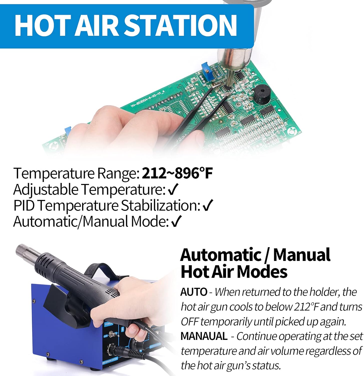 YIHUA 862BD+ SMD ESD Safe 2 in 1 Soldering Iron Hot Air Rework Station °F /°C with Multiple Functions - - 