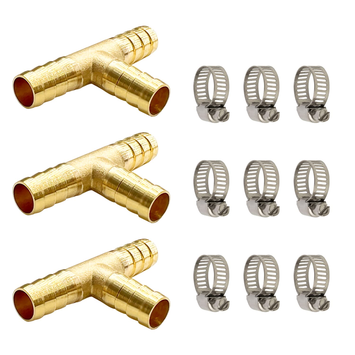 LIONMAXBarb Tee Fittings 3 PCS, 3/8" x 3/8" x 3/8" ID Hose Barb, Brass Hose Barb T Fitting 3 Way Union Fittings, with 9 Hose Clamps, for Water/Fuel/Air