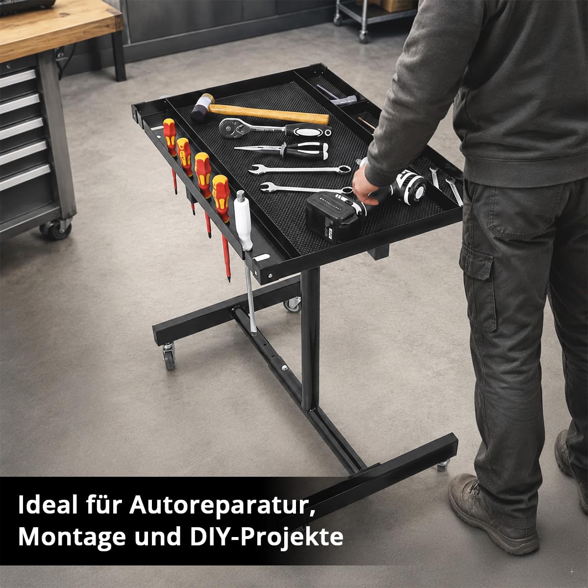 STAHLWERK Höhenverstellbarer Arbeitstisch, 87,3 – 125 cm, 100 kg Tragkraft | mobile Werkbank mit 4 Lenkrollen, Garage, Werkstatt, DIY