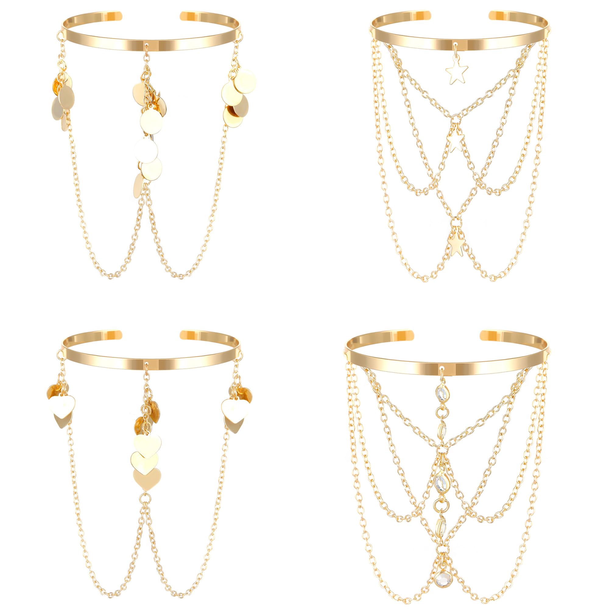 HOOTO 4 Pcs Arm Cuff Bracelets for Women Upper Tassel Arm Cuff Bangle Band Armlet Armband Ring Adjustable Arm Accessories Jewelry Gold