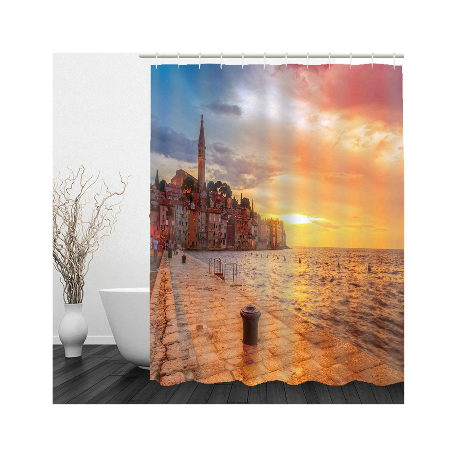 ANAZOZ Shower Curtain Liner 70 x 70,Sunset with Sea and Houses Bathroom Curtains Polyester Orange Blue,Waterproof Shower Curtain With 12 Hooks