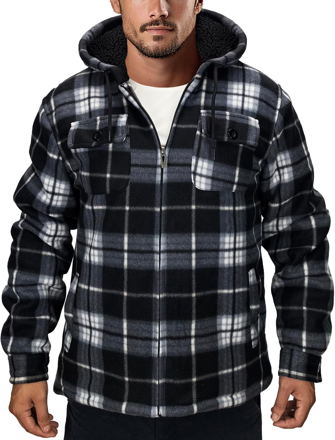 Genafy Men's Flannel Jacket Hoodie Full Zip Up Plaid Thick Fleece Sherpa Lined Sweatshirt Winter Warm Coats