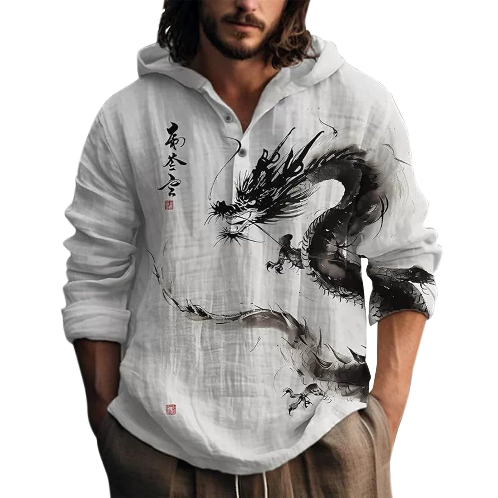 Men's Hoodie Linen Shirt Long Sleeve Japanese Retro Fashion Shirt with Hood Half Placket Button Country Style Cotton Top for Work Business Holiday Outdoor Walking (O, L)