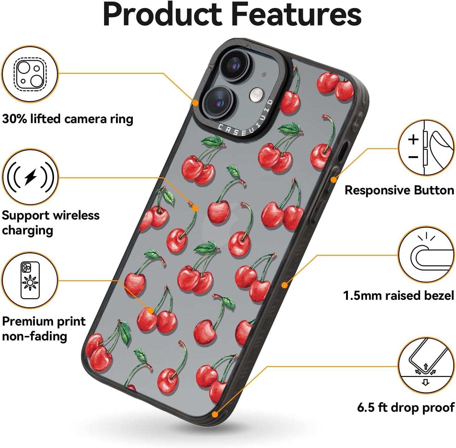 casevivid Compatible for iPhone 12 Case Cute Aesthetic - Durable Fashion Funny Phone Case - Girly Cherry Pattern Print Cover Design for Woman Girl 6.1 inches Black