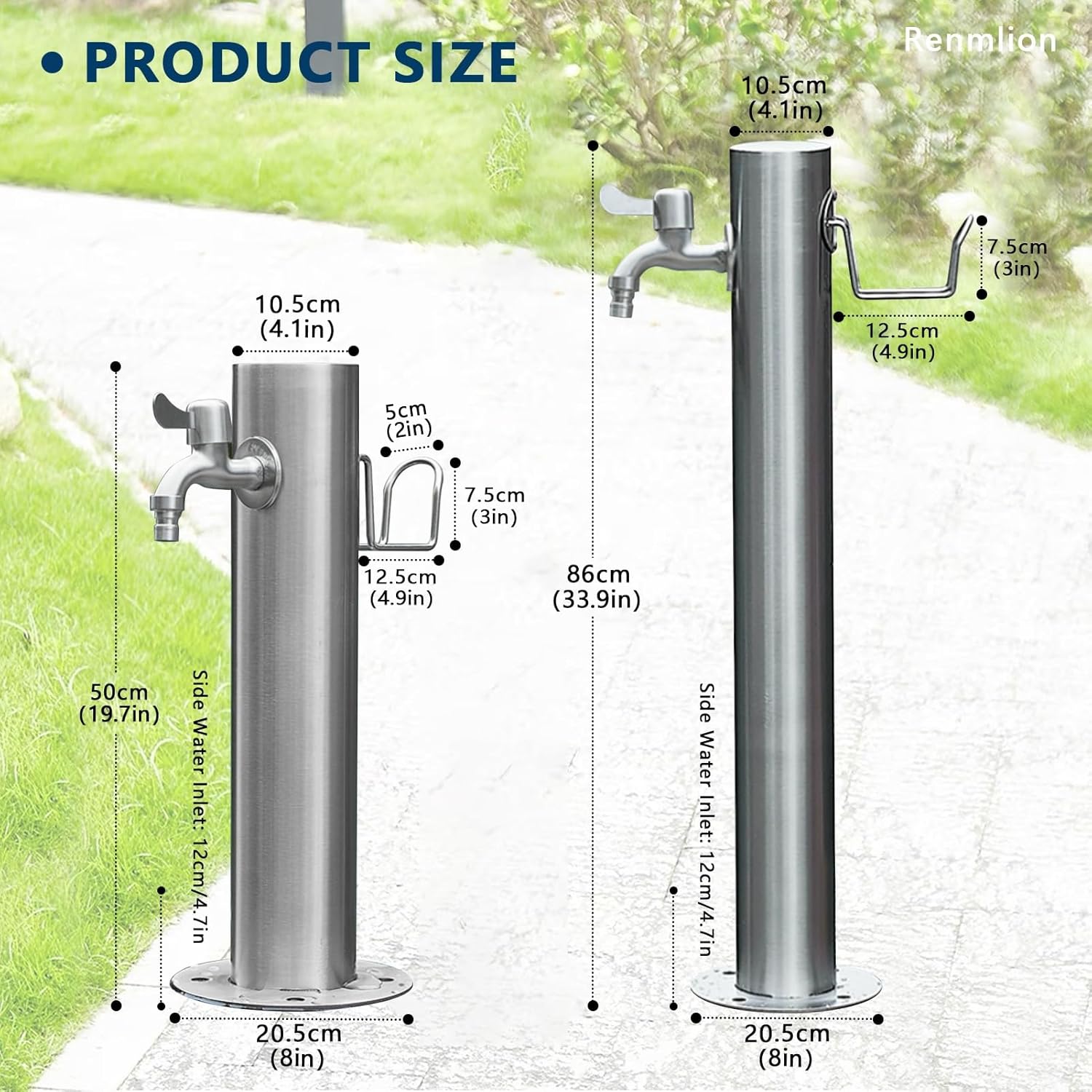 Stainless Steel Cylindrical Vertical Garden Water Column，Outdoor Floor Mounted Water Tap Freestanding Hose Stand with Faucet，Yard Hydrant Water Feature Fountain(Height 50cm/19.7in)