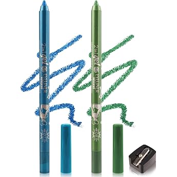 2 x Glitter Gel Eyeliner Blue Green Metallic Shimmer Eyeliner with Sharpener Waterproof Durable Smudge-Proof Easy to Use Highly Pigmented Eyeliner Eyeshadow Pencil for Cosplay Party 07+08