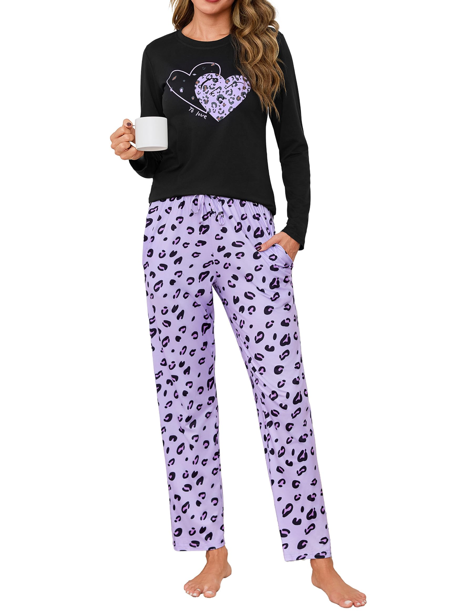 Uniexcosm Schlafanzug Damen Lang Pyjama Set Baumwolle Zweiteiliger Hausanzug Nachtwäsche mit Katzendruck und Polka Dot Schlafanzughose Loungewear Freizeitanzug
