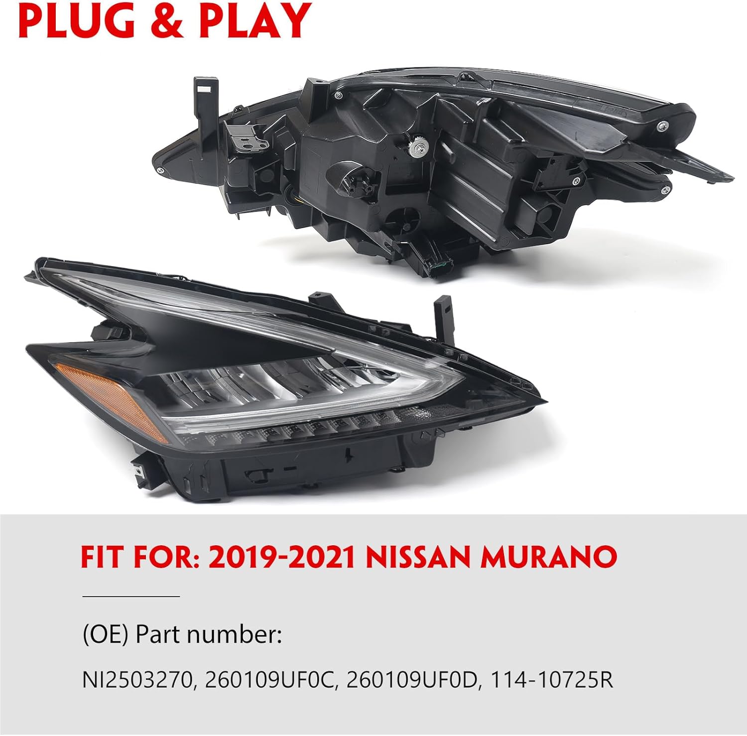 Huray Right LED Headlight Assembly Fit for Nissan Murano 2019 2020 2021 RH OE Factory Projector Headlamp w/DRL Head Light Replacement for NI2503270 Passenger Side