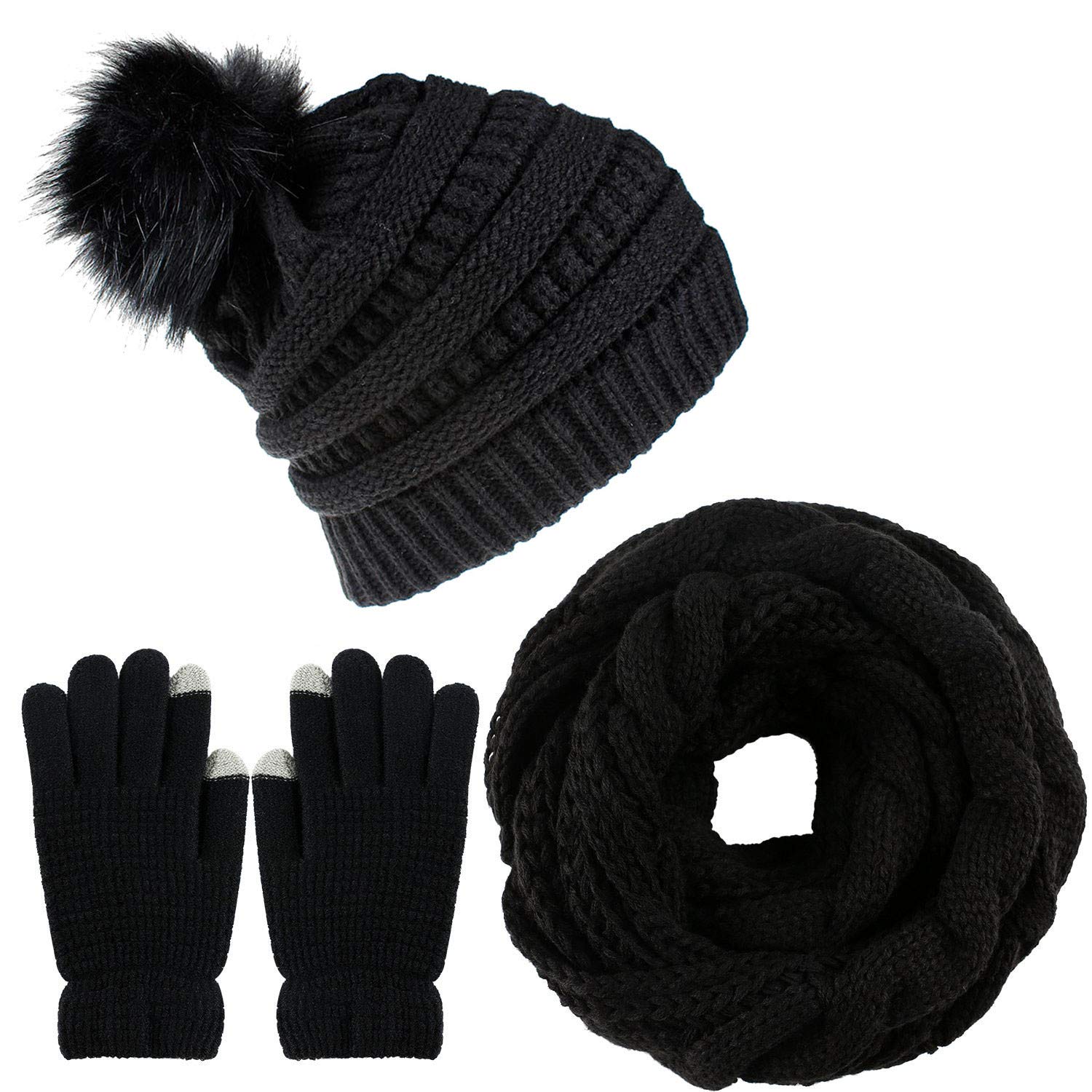Gorras y bufanda de punto CheChury set de invierno con guantes táctiles 7
