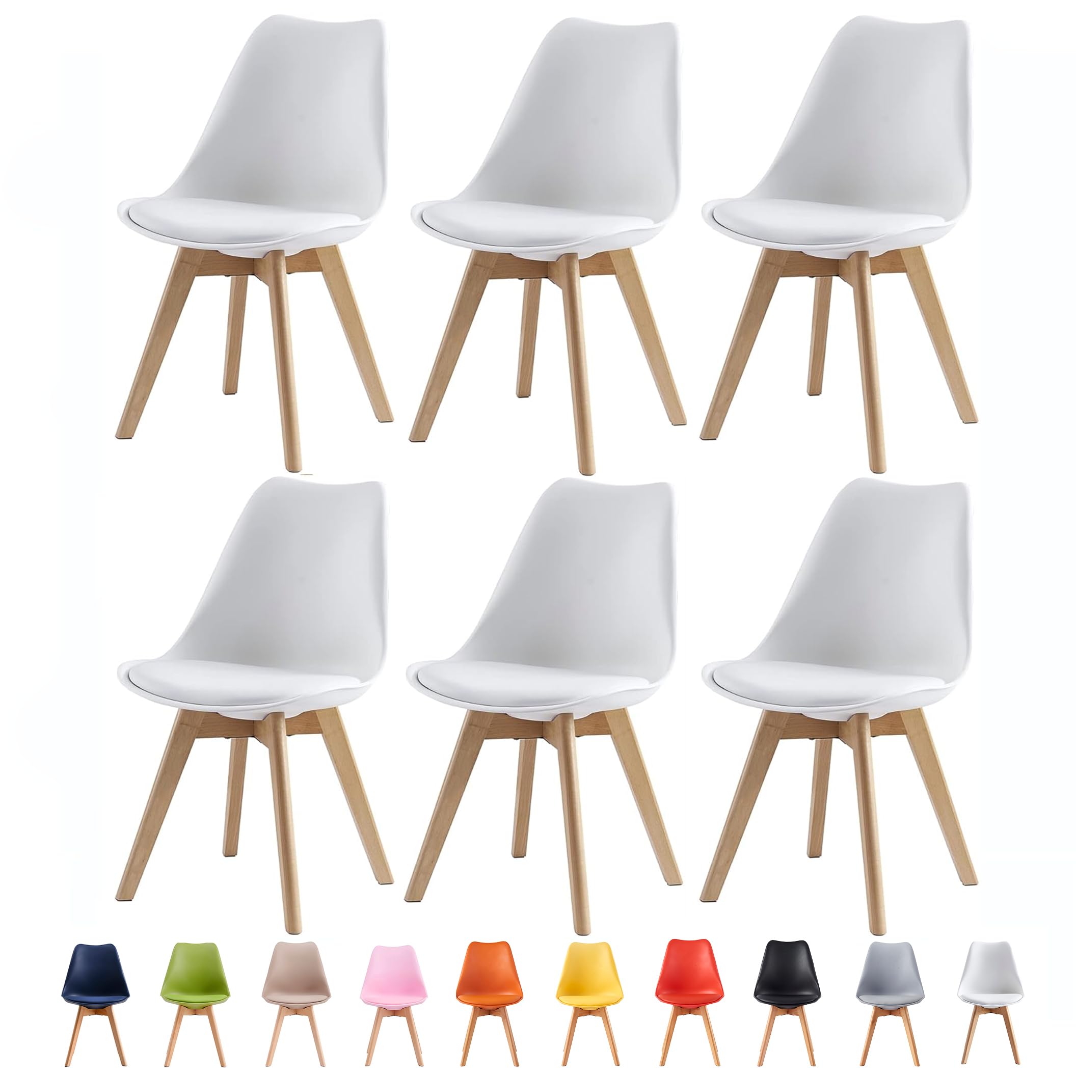 mcc direct Set of 6 Dining Chairs Wooden Legs Soft Cushion Pad Stylish DELUXE Retro Lounge Dining Office EVA (White)
