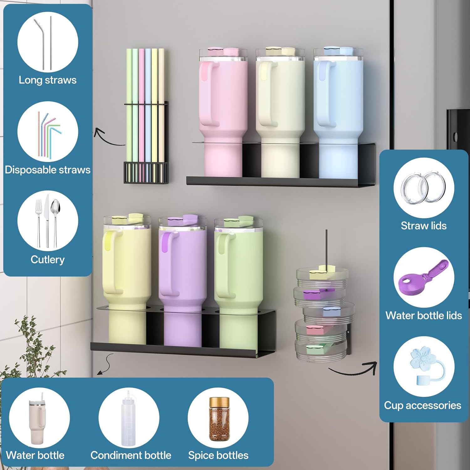 Magnetic Stanley Cup Holder For Fridge, 4 Pack Water Bottle Organizer for 20 30 40 oz Stanley Tumbler, with Straw & Lid Holder, Stanley Cup Accessories for Kitchen, Spice Jars (Black) - Image 2