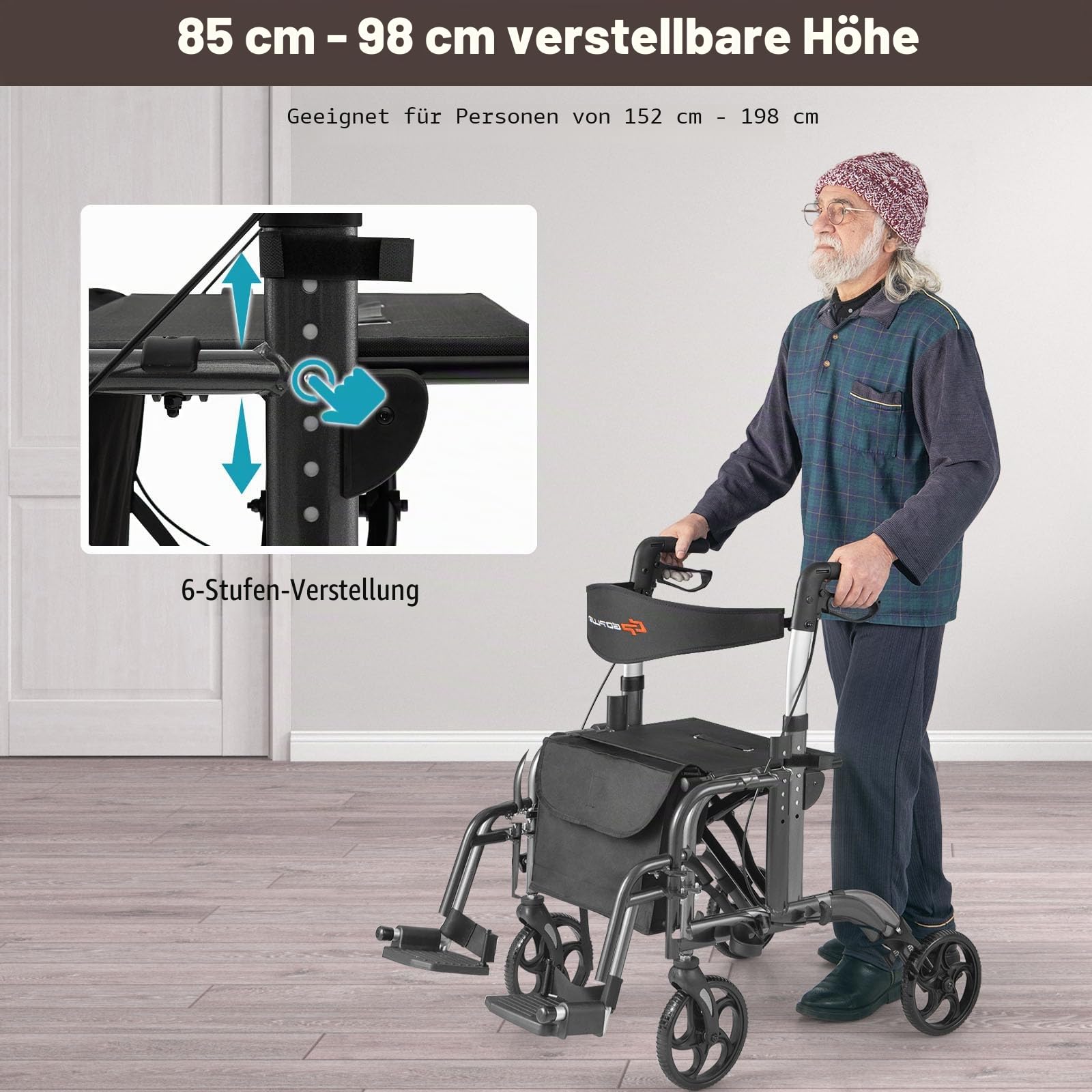 HOMASIS 2 in 1 Rollstuhl Rollator faltbar & leicht mit Sitz, Gehhilfe 6-fach höhenverstellbar, Alu Gehwagen mit Fußstützen, bis 136 kg, Reiserollator Laufhilfe mit Stockhalter & Tasche (Schwarz)