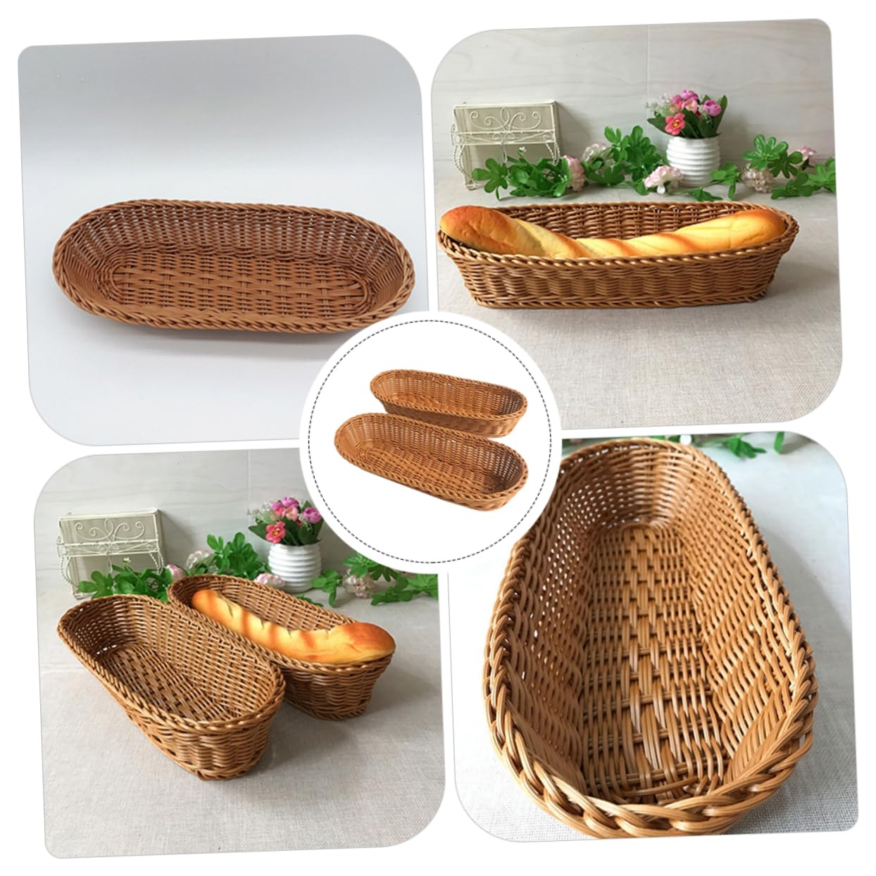2pcs Bread Basket Storage Baskets Wicker Storage Basket Decor Fruit Serving Tray Farmhouse Food Serving Baskets Imitation Rattan Woven Baskets Dried Fruit Tray Plastic re-usable Generic