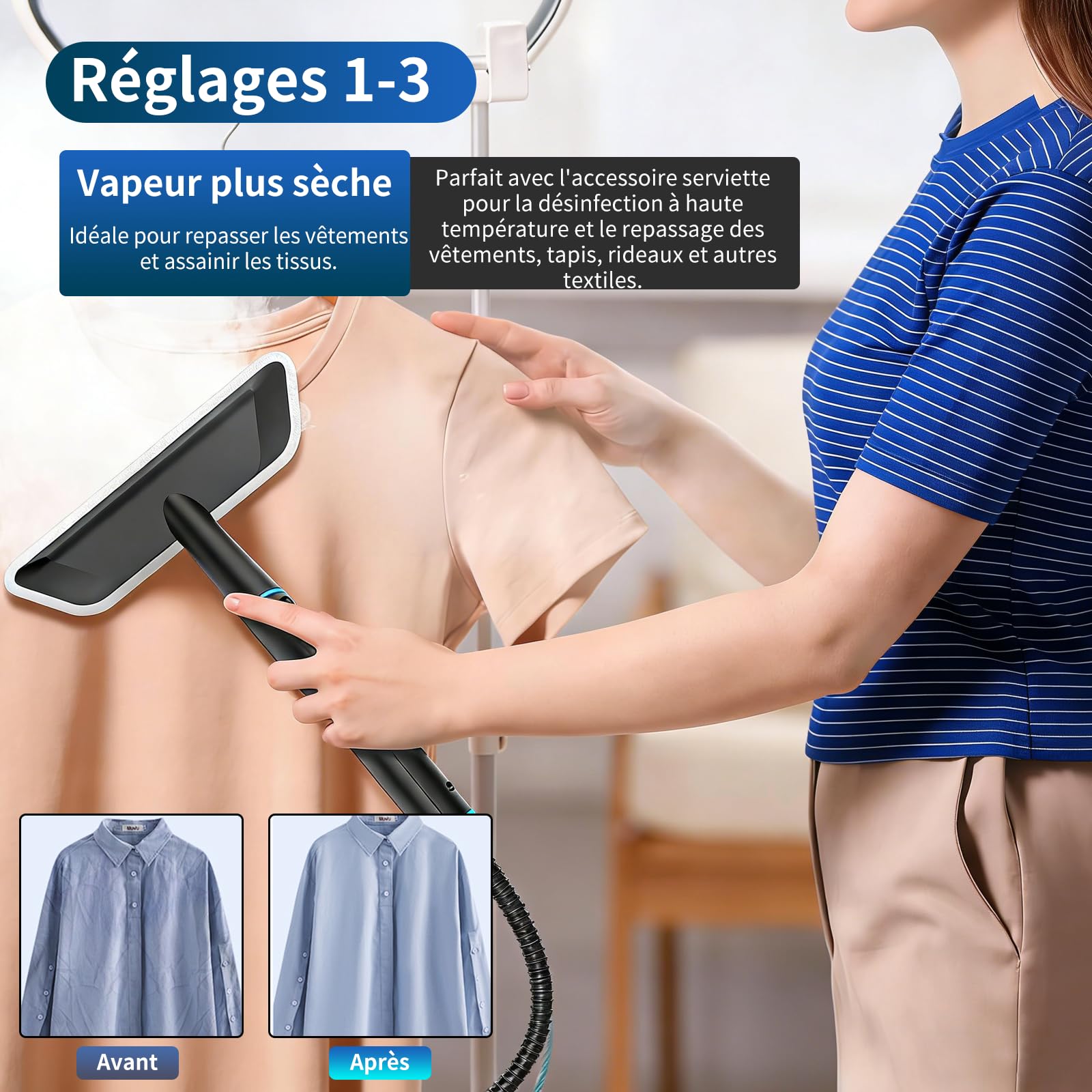 Nettoyeur vapeur portatif, 2500 W, 8 buses, 6 niveaux de vapeur, réservoir de 1250 ml, Nettoyeur Vapeur à Main pour Fenêtres, Cuisine, Voiture, Salle de Bain (Blanc 1)