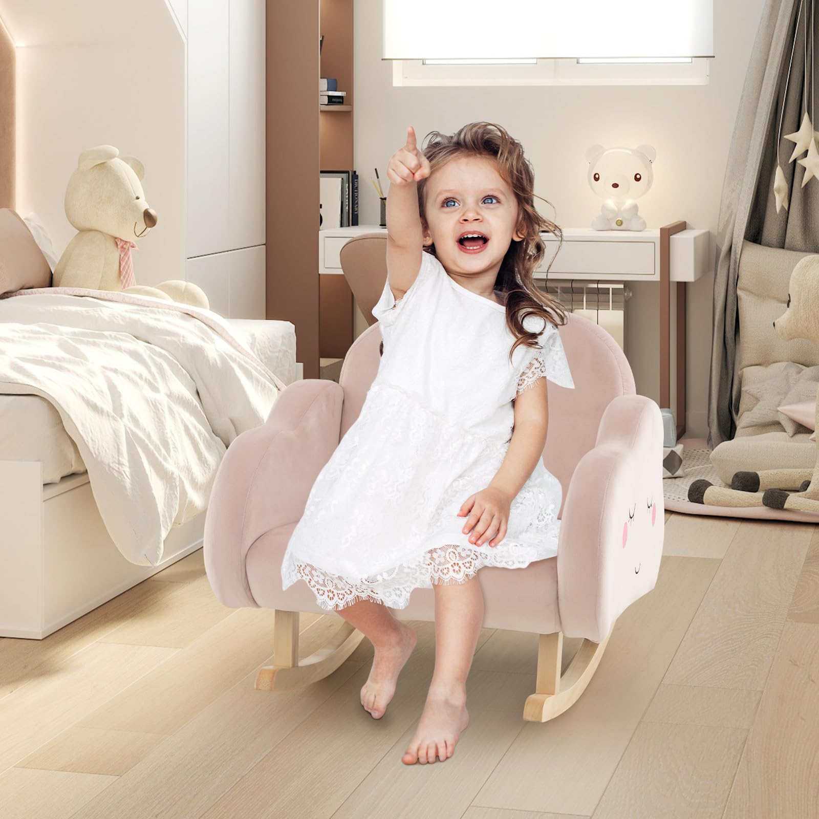 COSTWAY Sedia a Dondolo per Bambini 1-5 Anni, Poltrona Imbottita per Bambini con Gambe in Legno Massello e Piedini Antiscivolo, per Sala Giochi, Camera da Letto e Asilo