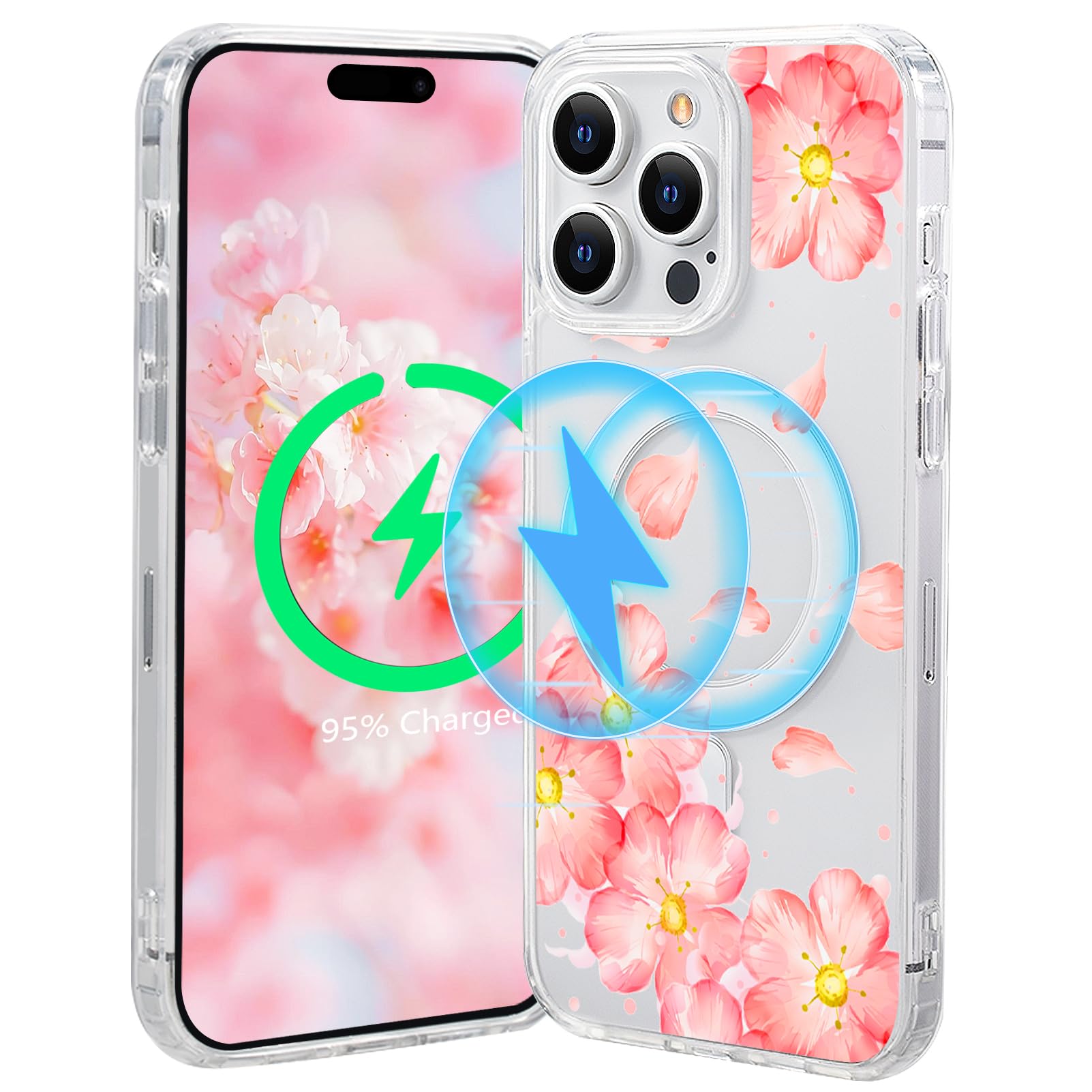 Tcaraersing for iPhone 15 Pro Flower Magnetic Case Compatible with MagSafe Cute Floral Pattern Clear Shockproof Hard PC Back Soft TPU Edge Slim Cover
