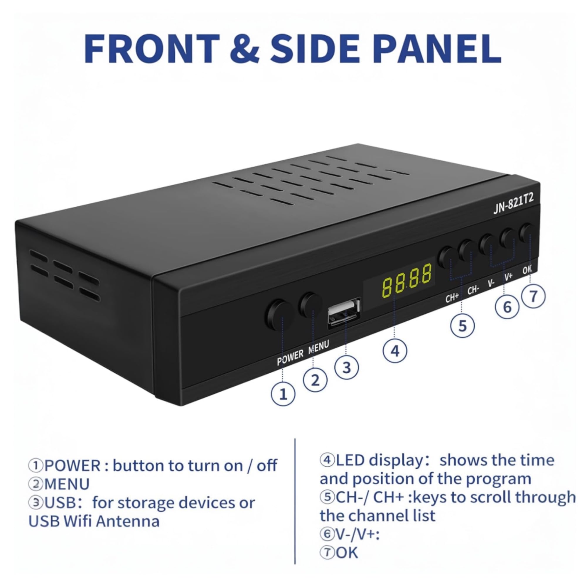 2024 Nuevo Español TDT Decodificador Televisión UHD DVB-T T2 O T3 Tuner MPEG-4 2 HD, Sintonizador de Digital Terrestre, Receptor Digital de Alta definición Full HD 1080p Dolby/MPEG-2/4 (JN 821T2)