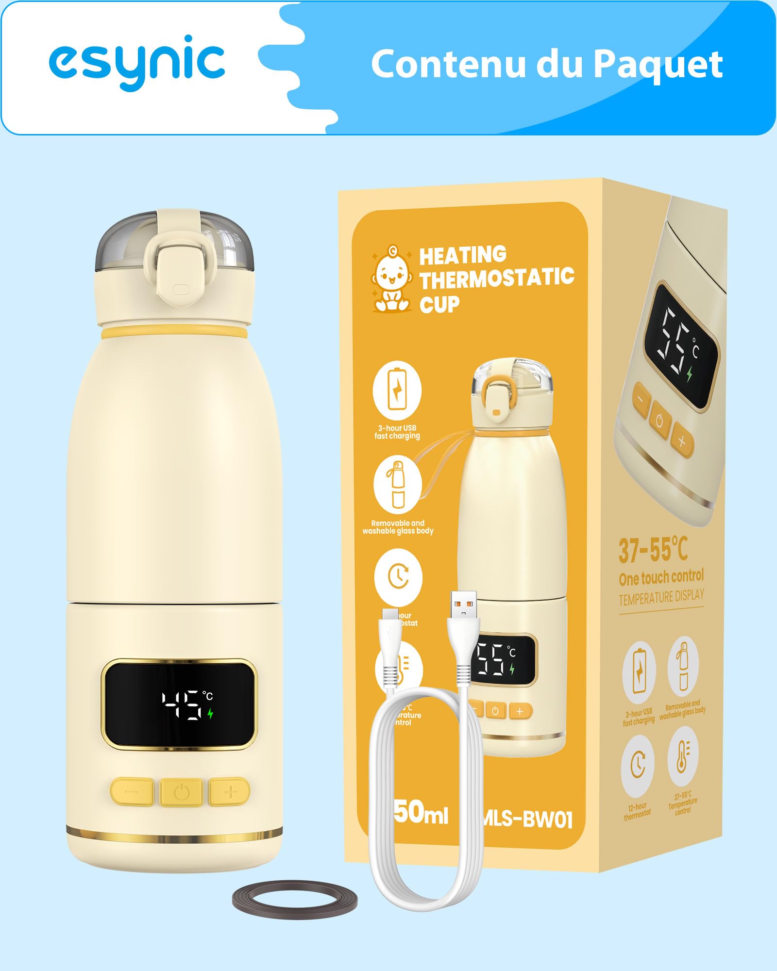 eSynic Chauffe Biberon Portable sans Fil Capacité 450ml pour Lait Materne ou Préparation pour Nourrissons ou Eau Batterie 15000mAh Chauffe Rapide Température Précise Tasse Amovible pour Voyage Sortie