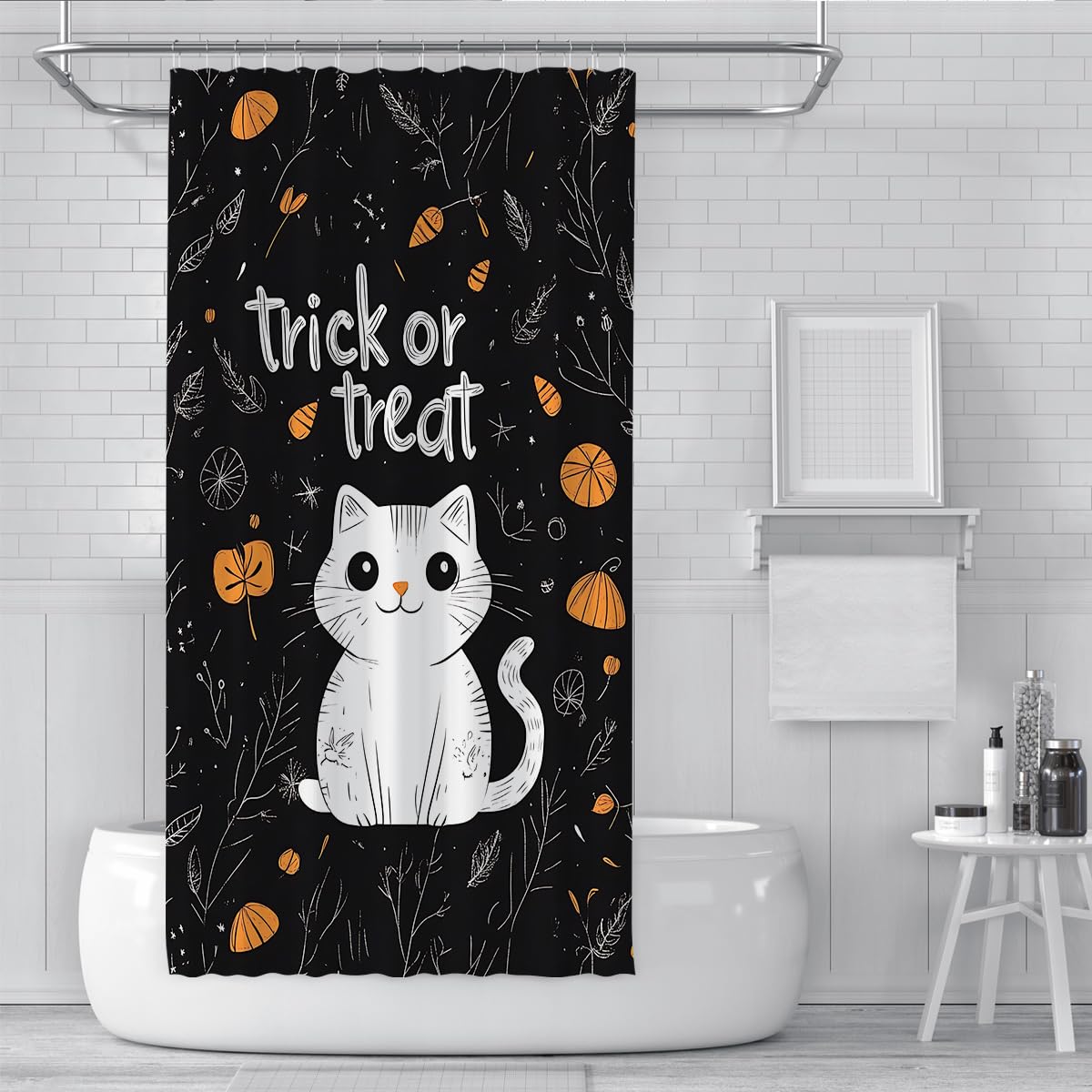 Halloweenowa zasłona prysznicowa śliczna biała zasłona do kąpieli dla kota gotycki styl wodoodporna tkanina dekoracyjna zasłona łazienkowa z haczykami 150 x 200 cm