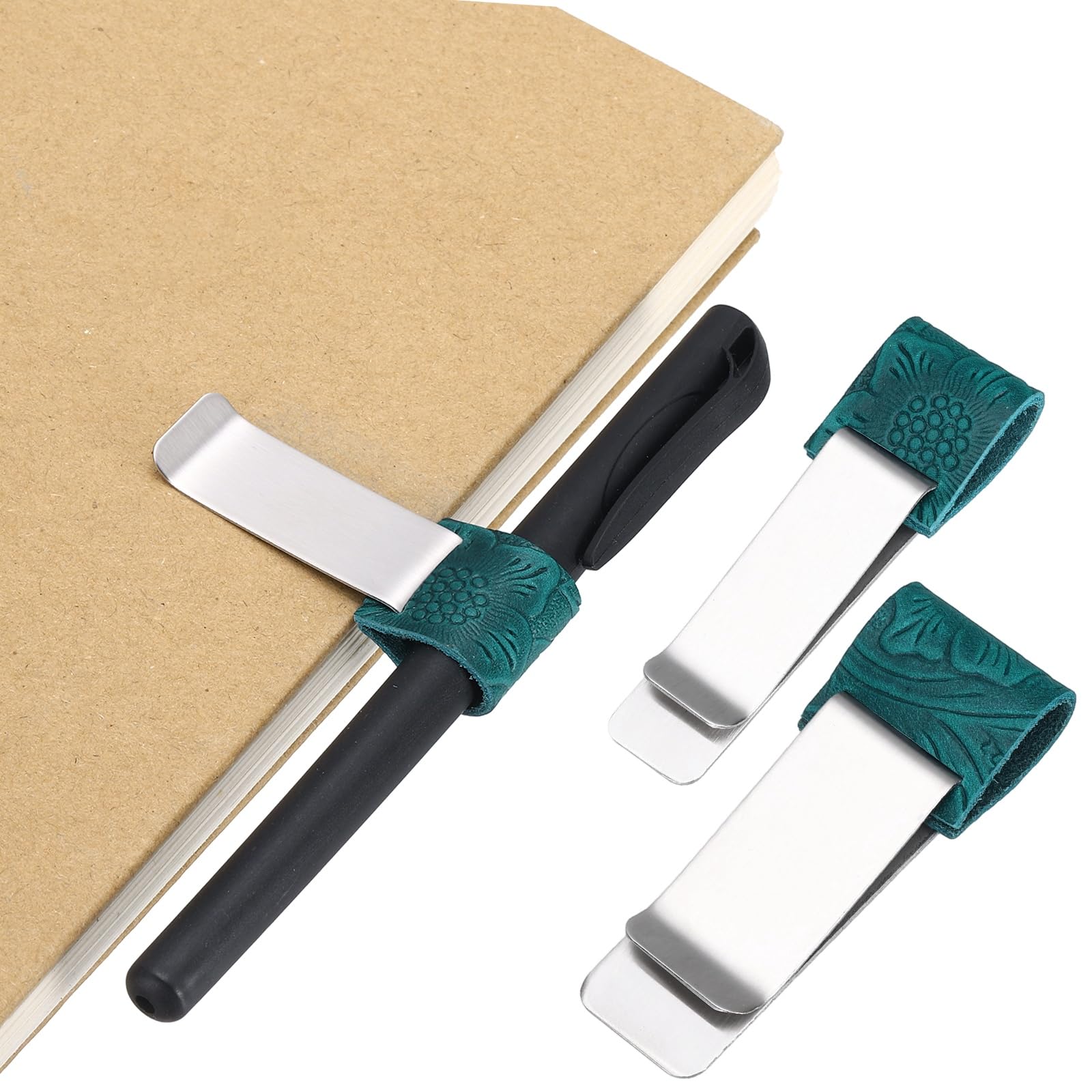PATIKIL 2Pcs Pen Loop for Notebook, Brass Carved Retro Leather Pencil Holder Pen Clip for Notebook Clipboards Pocket Office Traveler Journals Planner, Bright Blue/Silver