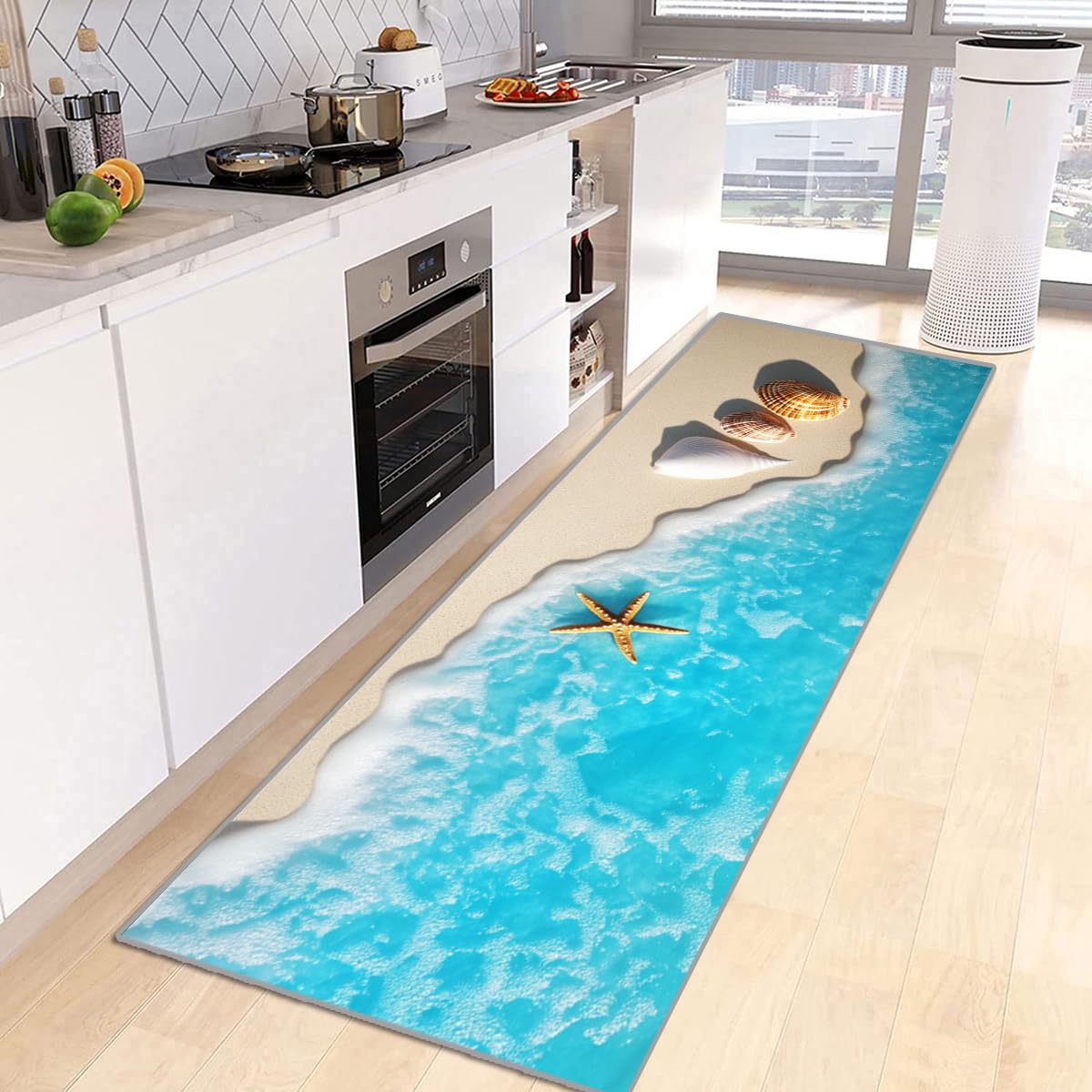 Tapis de Cuisine Antidérapant et Absorbant, Motif Océan Bleu 3D, 60 x 180 cm, Lavable en Machine - Idéal pour Devant l'Évier, Couloir, Salon, Chambre