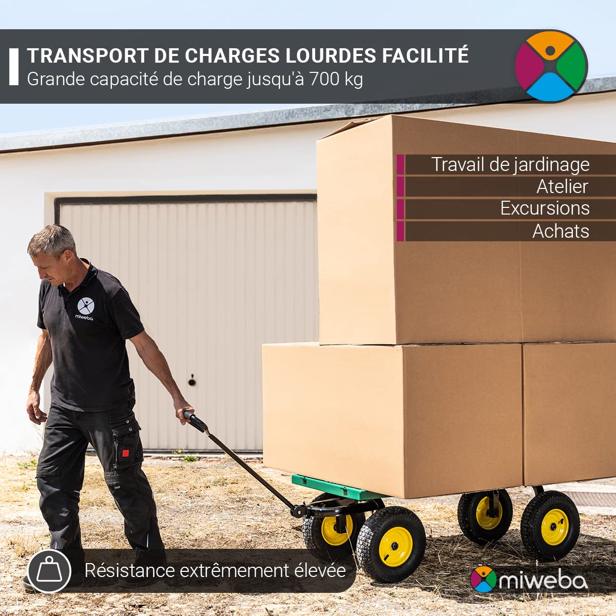 Miweba Chariot d’extérieur MB-700 - Bâche - Parois Pliables - Capacité de Charge 700 kg - Pneus pneumatiques - Chariot Pliable - Chariot de Jardin - Chariot de Transport - Brouette
