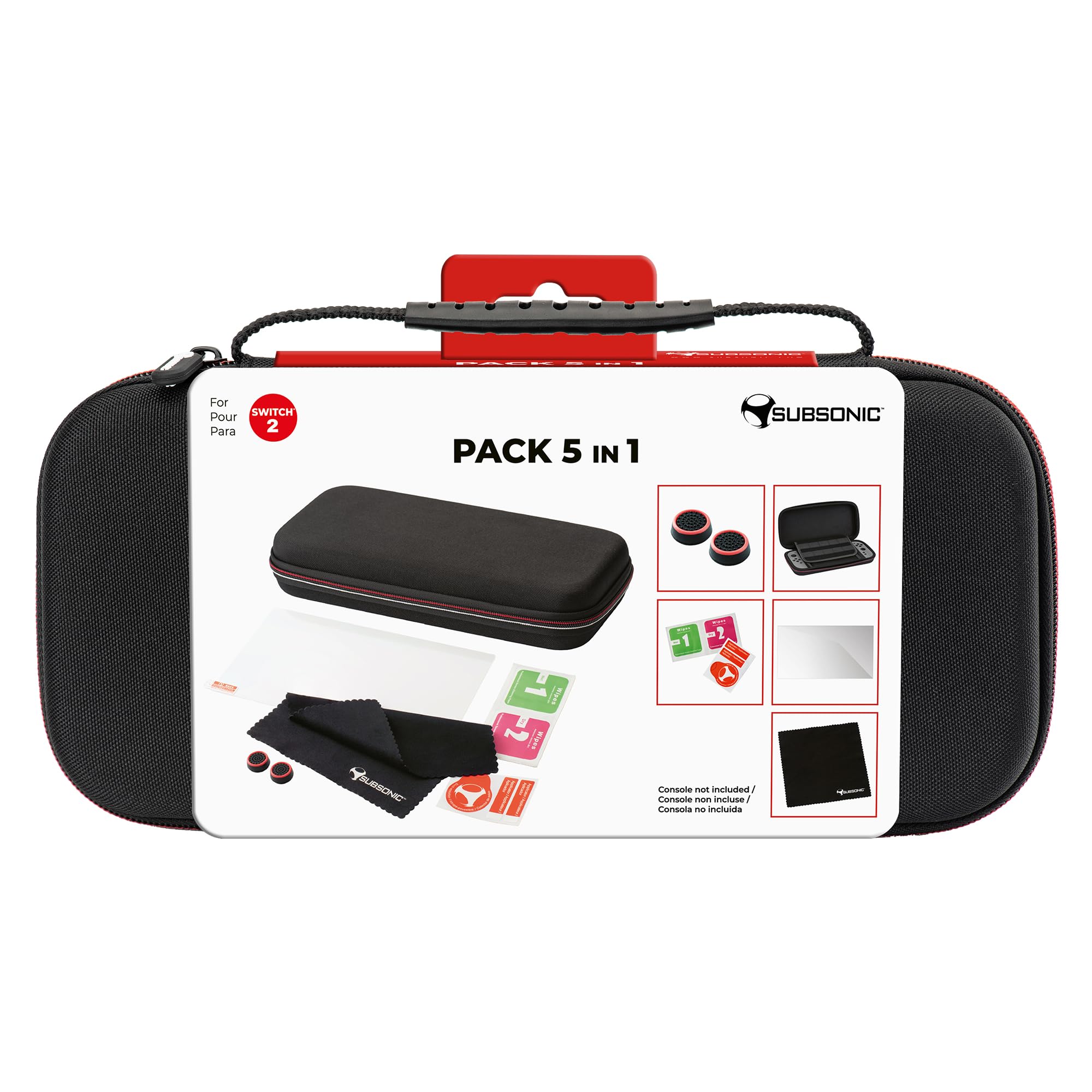 Subsonic - Pack de accesorios para Nintendo Switch 2 - kit 5 en 1 con funda, protector de pantalla de cristal templado para Switch 2, empuñaduras para joystick, kit de limpieza, paño de microfibra