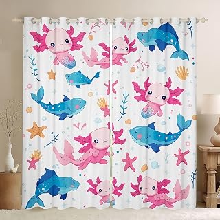 jejeloiu Cute Axolotl Curtains for Bedroom Living Room Shark 30%-50% Blackout Darkening Drapes Cartoon Salamander Window Treatments, 2 Panels 52 x 90 Inch Ocean Sea Animal Room Decor