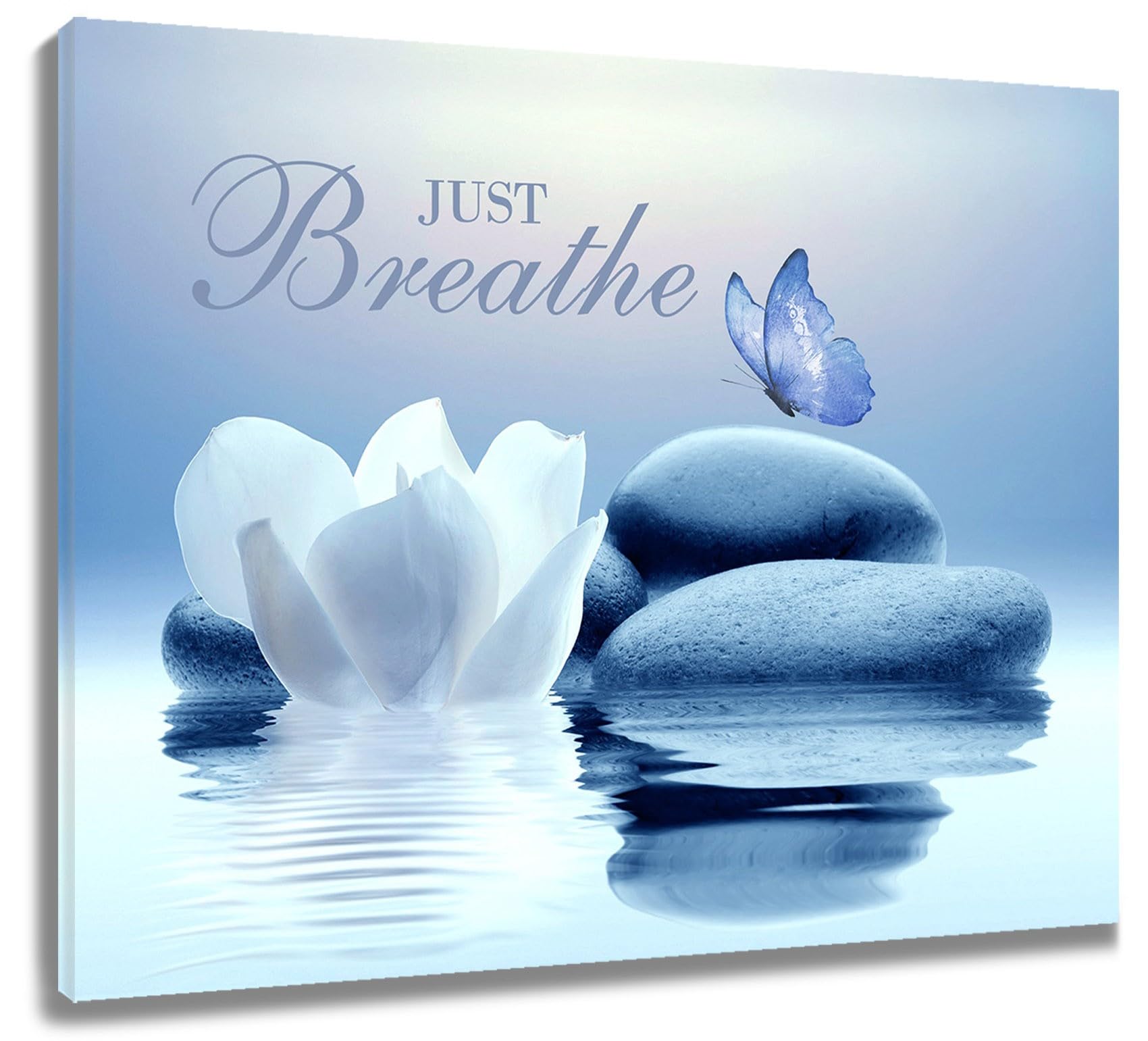 EOBTAIN Zen Canvas Wall Art Bathroom Blue Butterfly and Floral Stone Relaxing Just Breathe Framed Wall Art Yoga Spa Office Calming Pictures Canvas Wall Decor for Living Room Bedroom,16x12 Inches — image 1