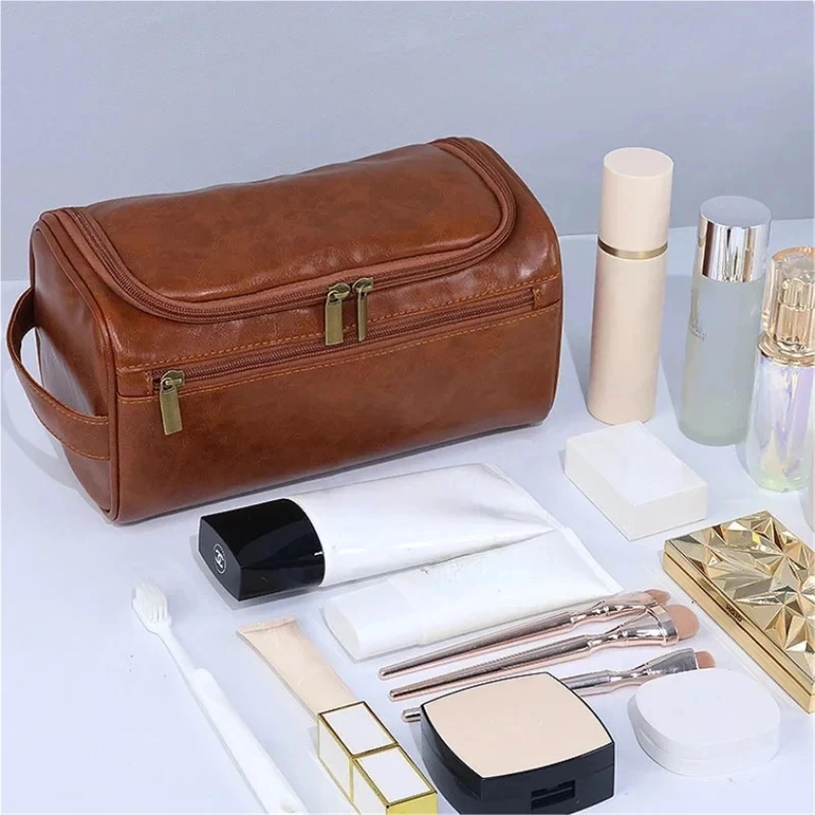 Borsa da toilette da viaggio Borsa da toilette in pelle for uomo Donna appendere viaggio for viaggiare for cosmetici grande(PU-Black)