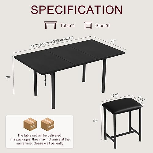 Miniatura 2 de VECELO Juego de mesa de comedor de 7 piezas con 6 taburetes cuadrados, mesa de cocina expandible de 63 pulgadas con carga USB y marco de metal para
