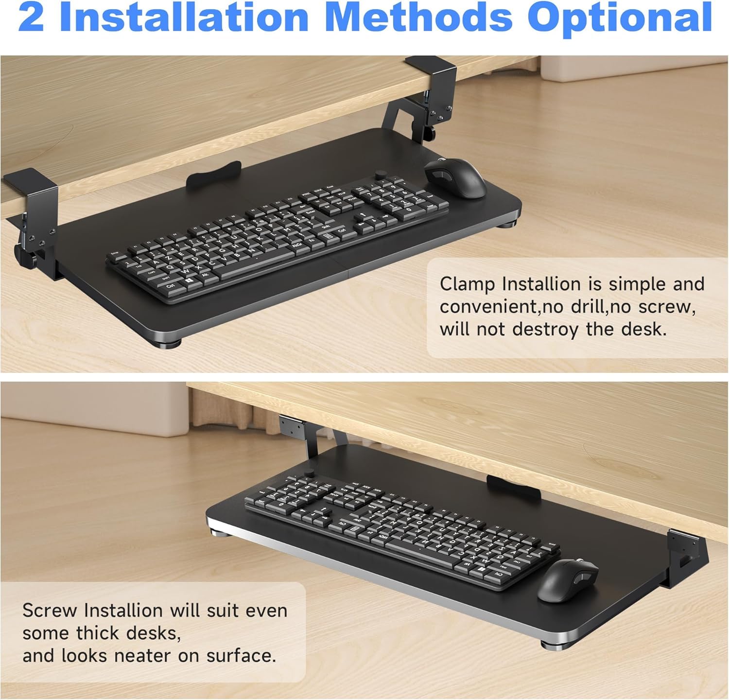 XINLEI Tastaturablage unter dem Schreibtisch 65,5×31,1 cm mit C-Klemme & Schraubmontage – Ausziehbare Tastatur- und Mausablage mit Sicherheitsanschlag, sanfte Gleitschienen, ergonomisches Tippen