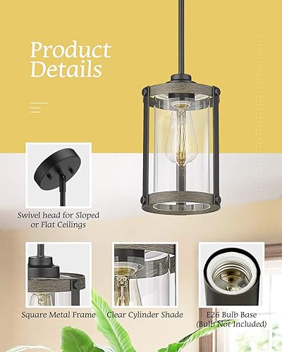 Miniatura 4 de Lámpara colgante de granja, 1 luz de cristal negro para isla de cocina, iluminación colgante rústica industrial con varilla, acabado de madera,