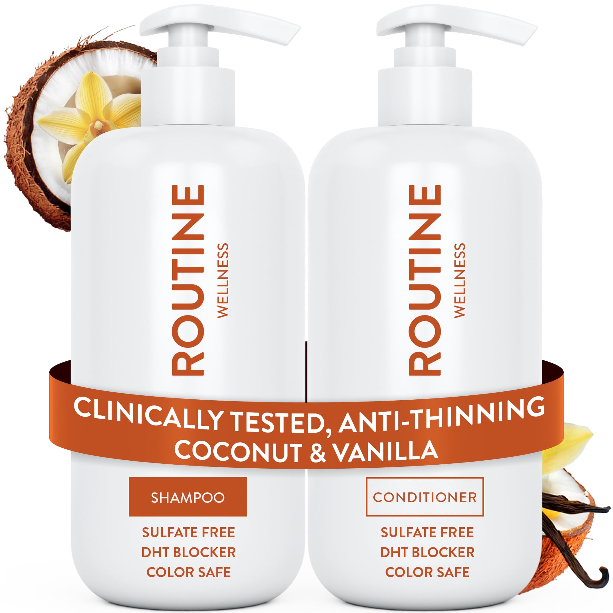 Routine Wellness Anti-Thinning Shampoo and Conditioner Set for Thinning Hair - Biotin DHT Blocker Women & Men - Color Safe Shampoo for Hair Loss & Healthier Hair - Coconut & Vanilla (Pack of 2)