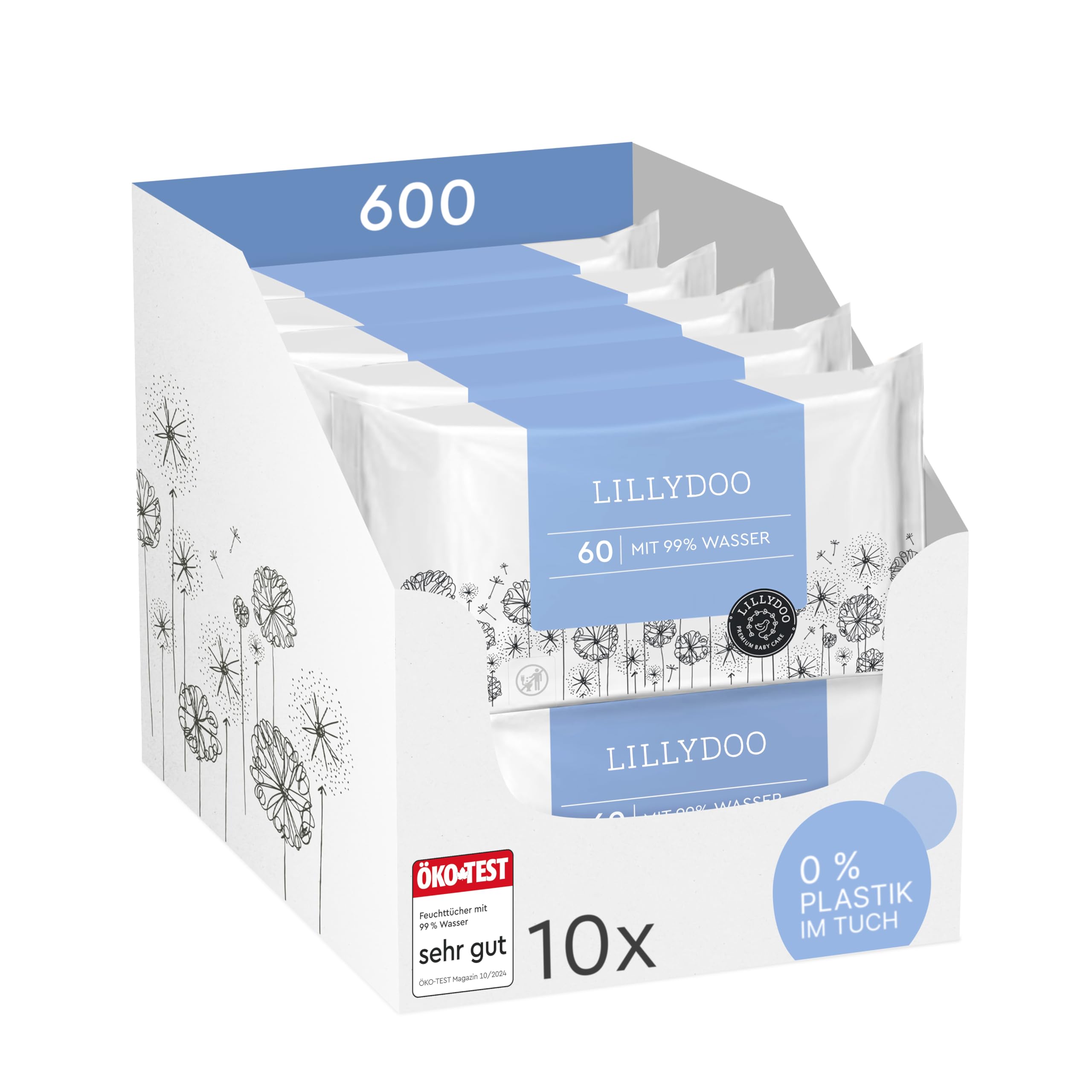 LILLYDOO Baby Feuchttücher mit 99% Wasser, 600 Stück (10 x 60), 100% plastikfreies Tuch, ohne Parfüme & mild wie Watte und Wasser