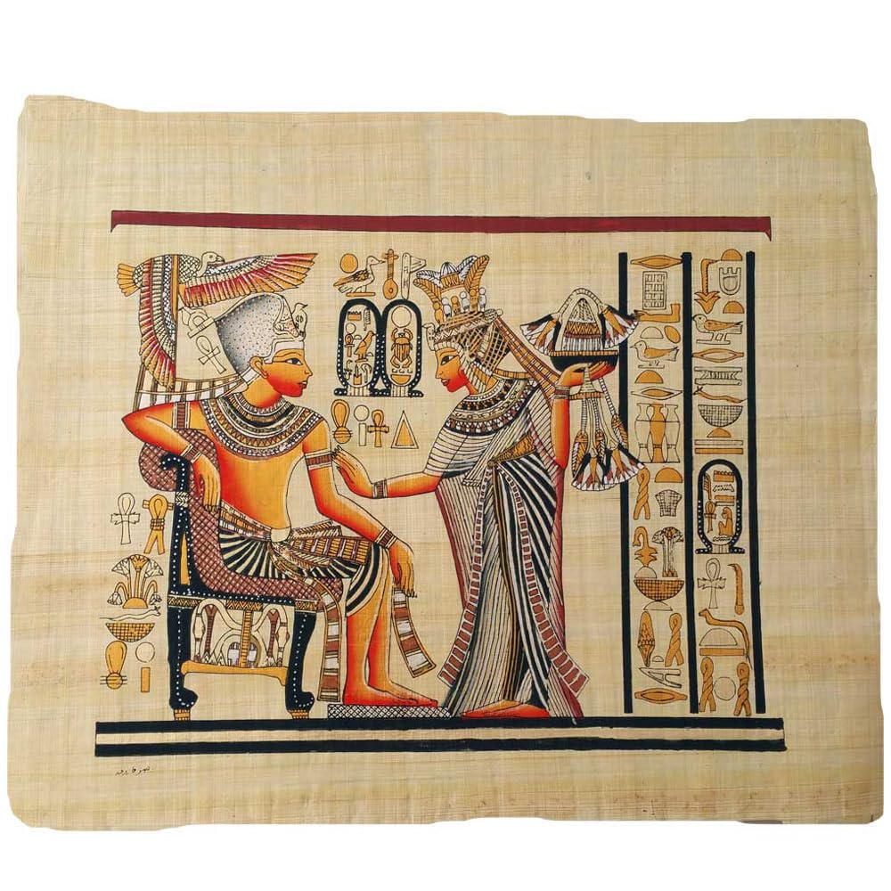 Papiro originale, dipinto a mano, Tut Ank Amon con sua moglie, 33 x 43 cm, realizzato in Egitto