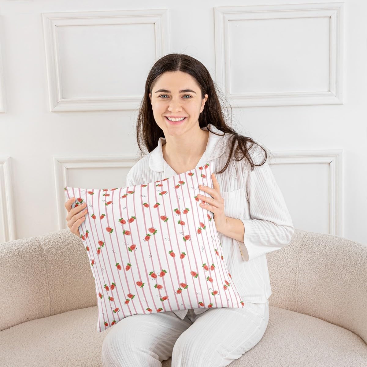 Strawberry Throw Pillow Cover 24x24, Kids Kawaii Pillow Cover, Girls Women Cute Fruit Strawberry Cushion Cover, Pink Geometric Stripes Decorative Pillow Cover For Home Office Sofa Couch Bed
