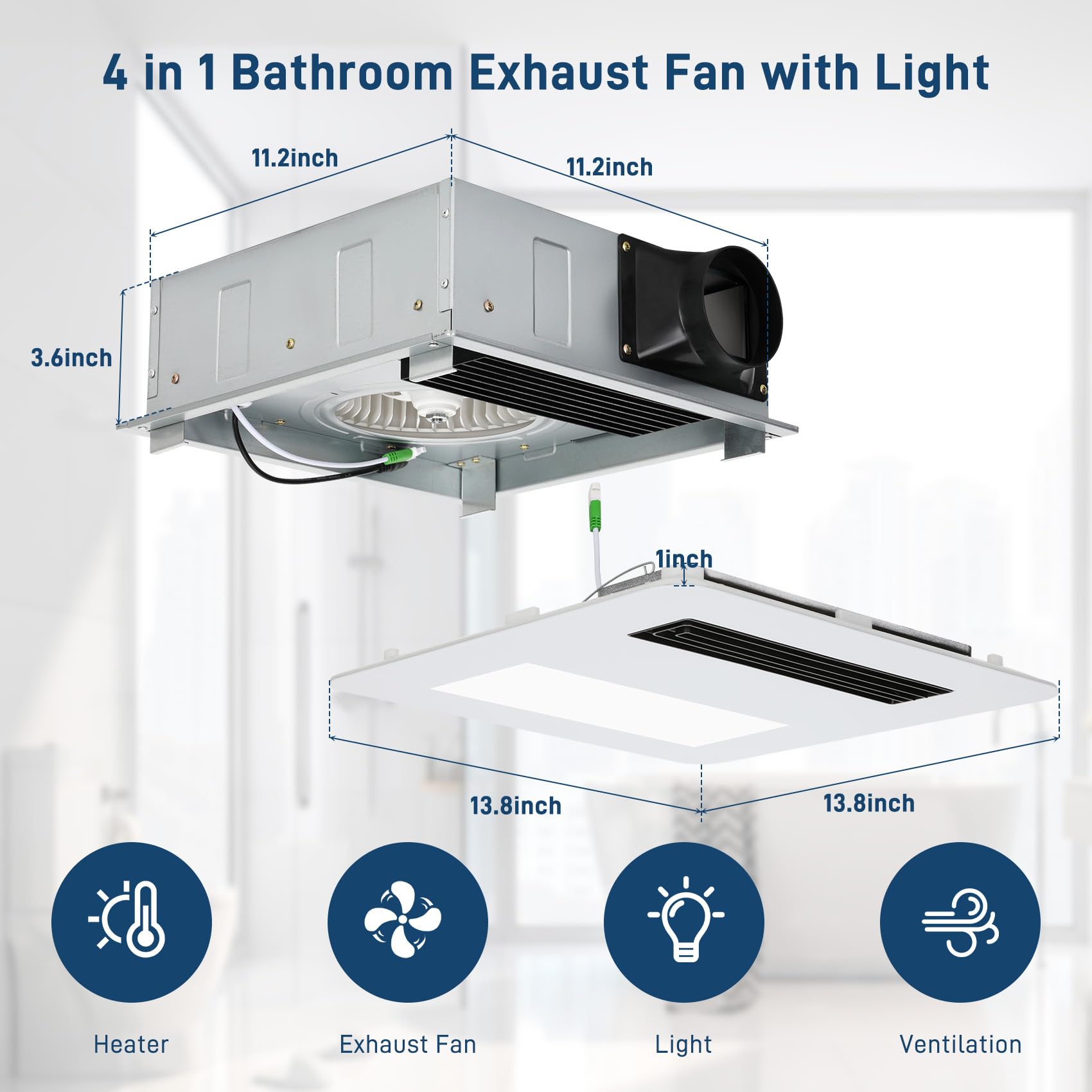 Quiet 4-in-1 Bathroom Exhaust Fan With Light & Heater – 190 CFM, 1800W, Ultra-Low 30dB Operation, Remote Control Included