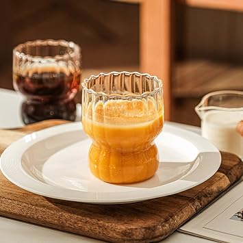 4 Pcs Ribbed Glass Cups 10oz Ripple Drinking Glasses Set Vintage Wave Shape Iced Coffee Glasses Beverage Glasses for Cocktail Beverage Juice Milk