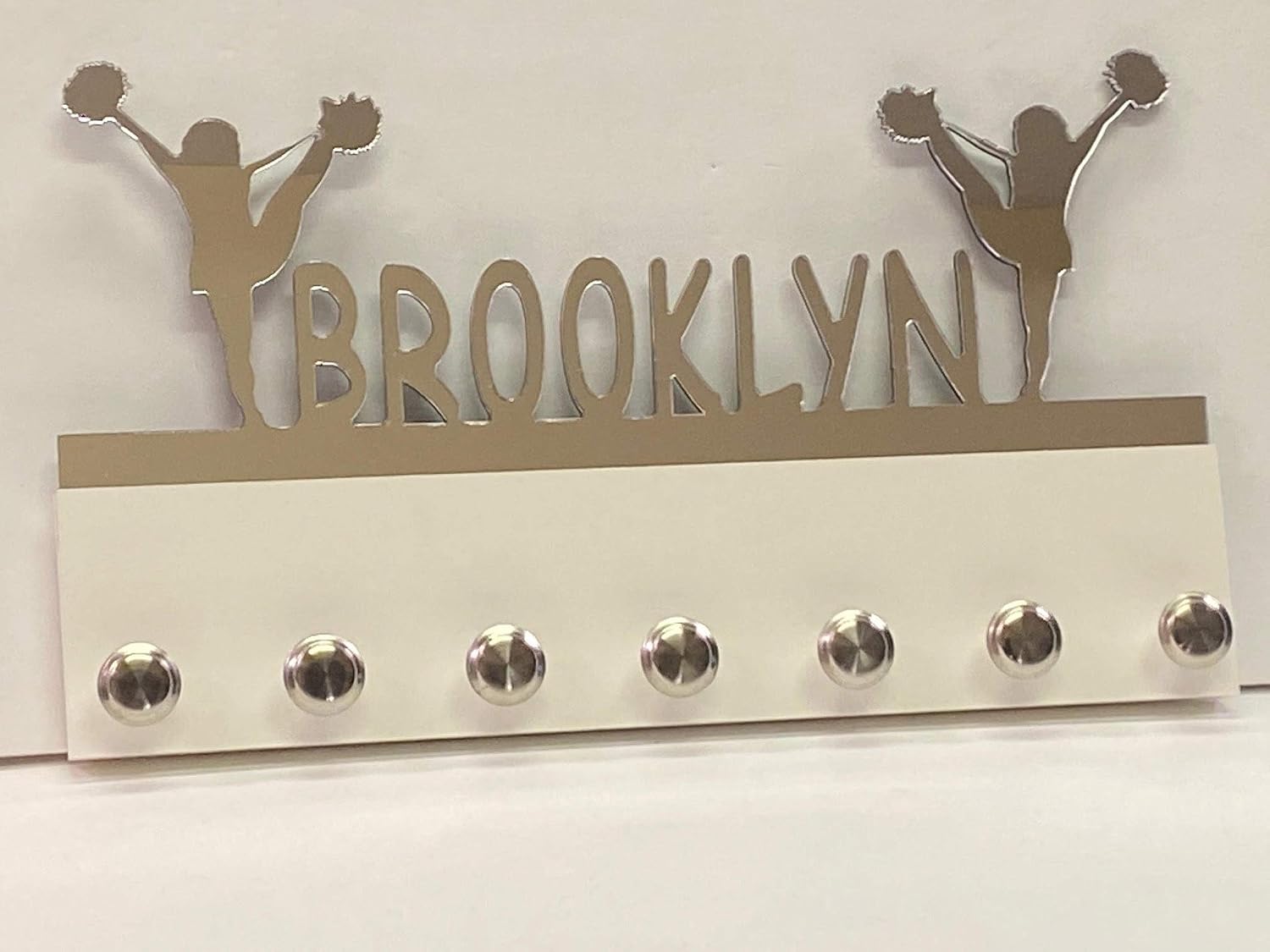 MIRROR MANIA Custom Personalized Name Medal Holder, Cheerleader Cheer Display Awards Hanger Rack with Hooks for 60+ Medals, Ribbons, Sports 16'' Wide, One of A Kind Made to Order with Your Name On It