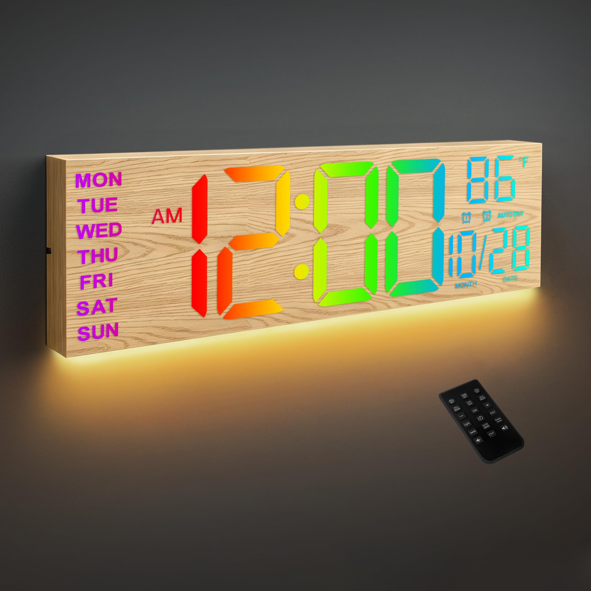 Horloge numérique de 41 cm HAITANG en bois avec température et date