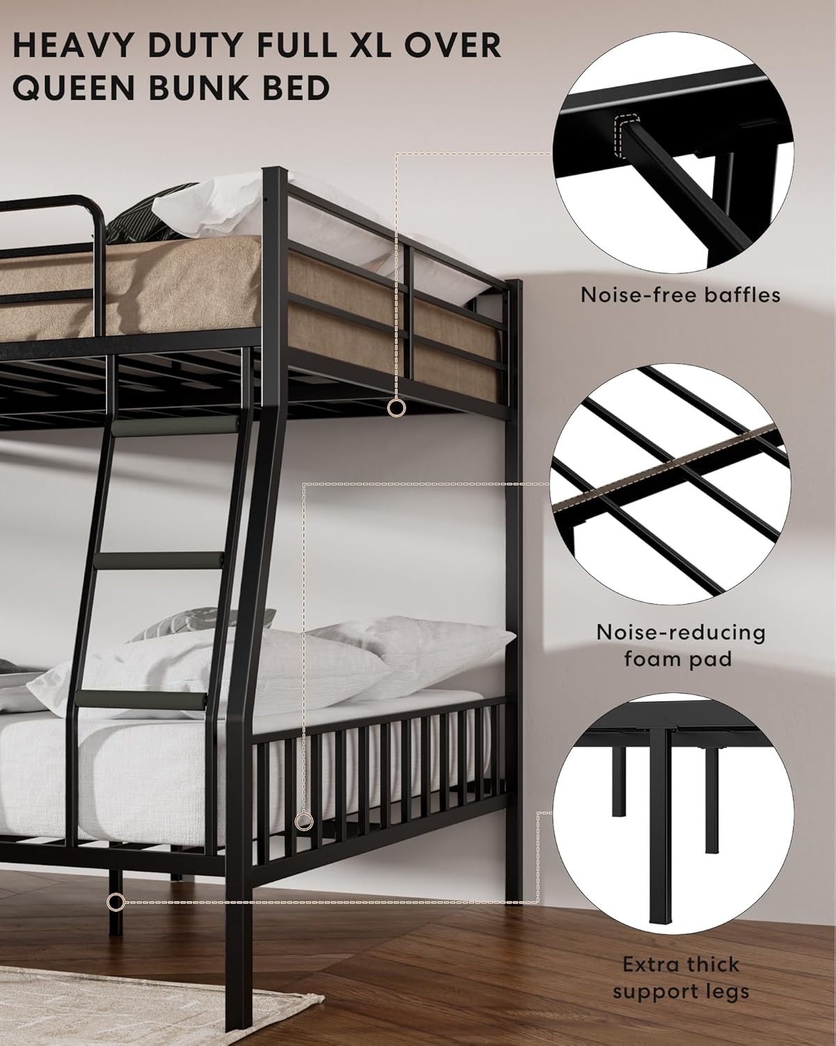 Full XL Over Queen Metal Bunk Bed, Heavy-Duty Bed Frame with EVA Rubber Cover Ladder & Safety Guardrails, Space-Saving Sturdy Queen Bunk Bed for Adults & Teens, Black