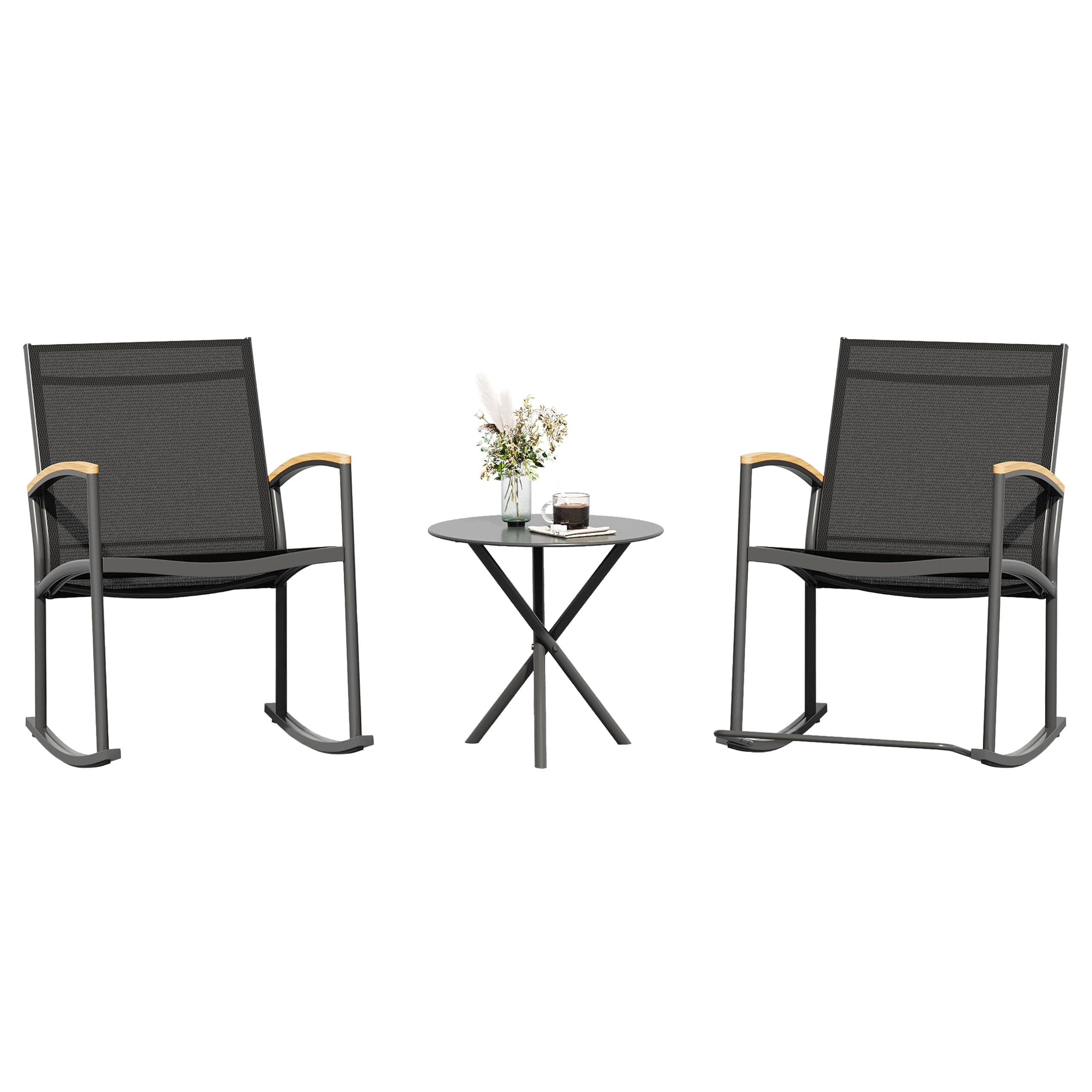 Shintenchi 3 Pieces Patio Rocking Bistro Sets,Outdoor Textilene Fabric Conversation Bistro Set,Front Porch Rocker Chairs Small Patio Furniture Set with Table for Lawn,Garden,Balcony(Black)