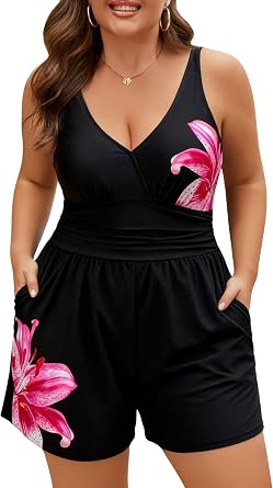 Plus Size Swim Romper Women One Piece Swimsuit Tummy Control Bathing Suit with Shorts Modest Full Coverage Swimwear