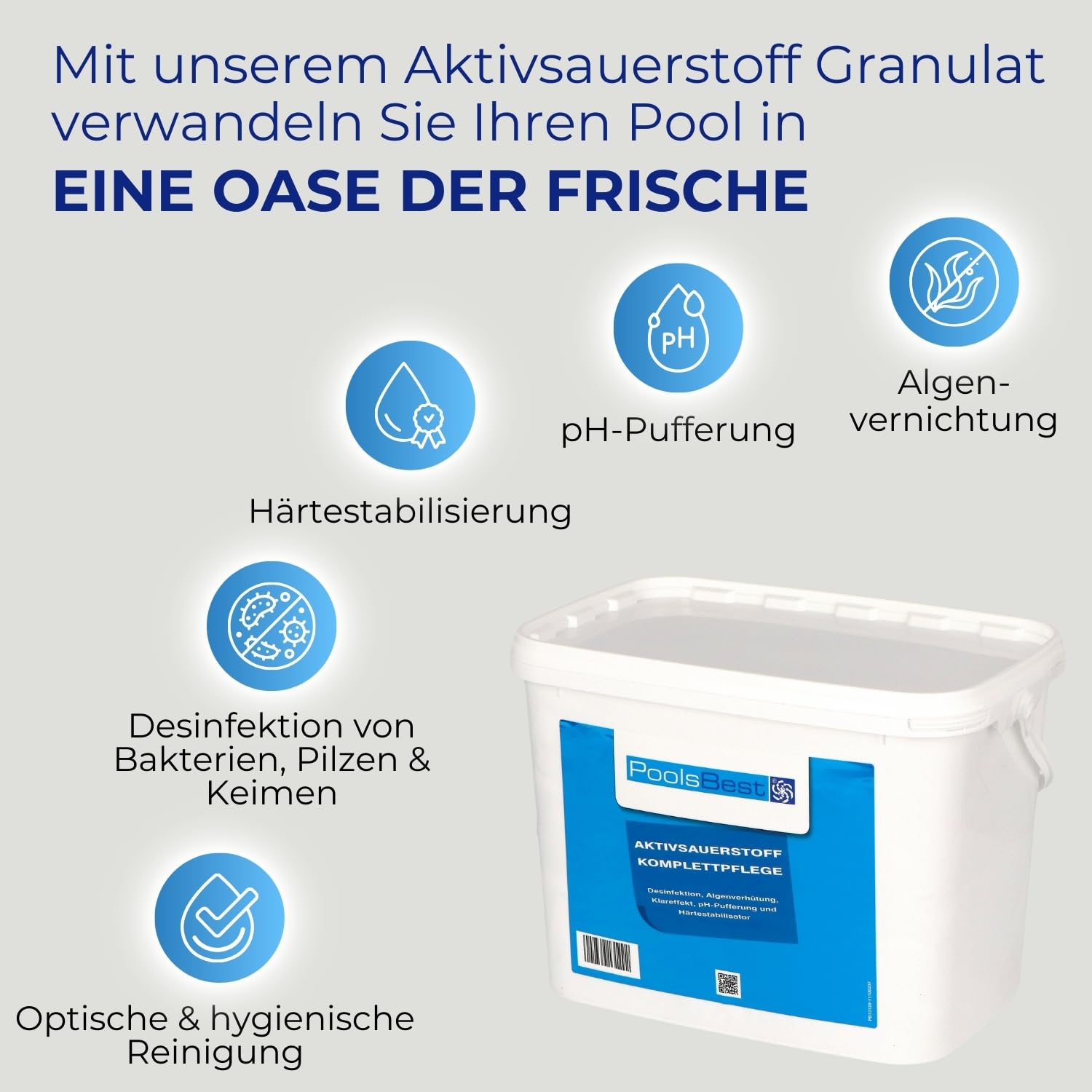 PoolsBest Aktivsauerstoff Pool Komplettpflege 4,48 kg I Aktivsauerstoff Granulat mit Klareffekt I 8 Doppelbeutel mit chlorfreiem Sauerstoffgranulat I Pool Sauerstoff zur Desinfektion & Algenverhütung